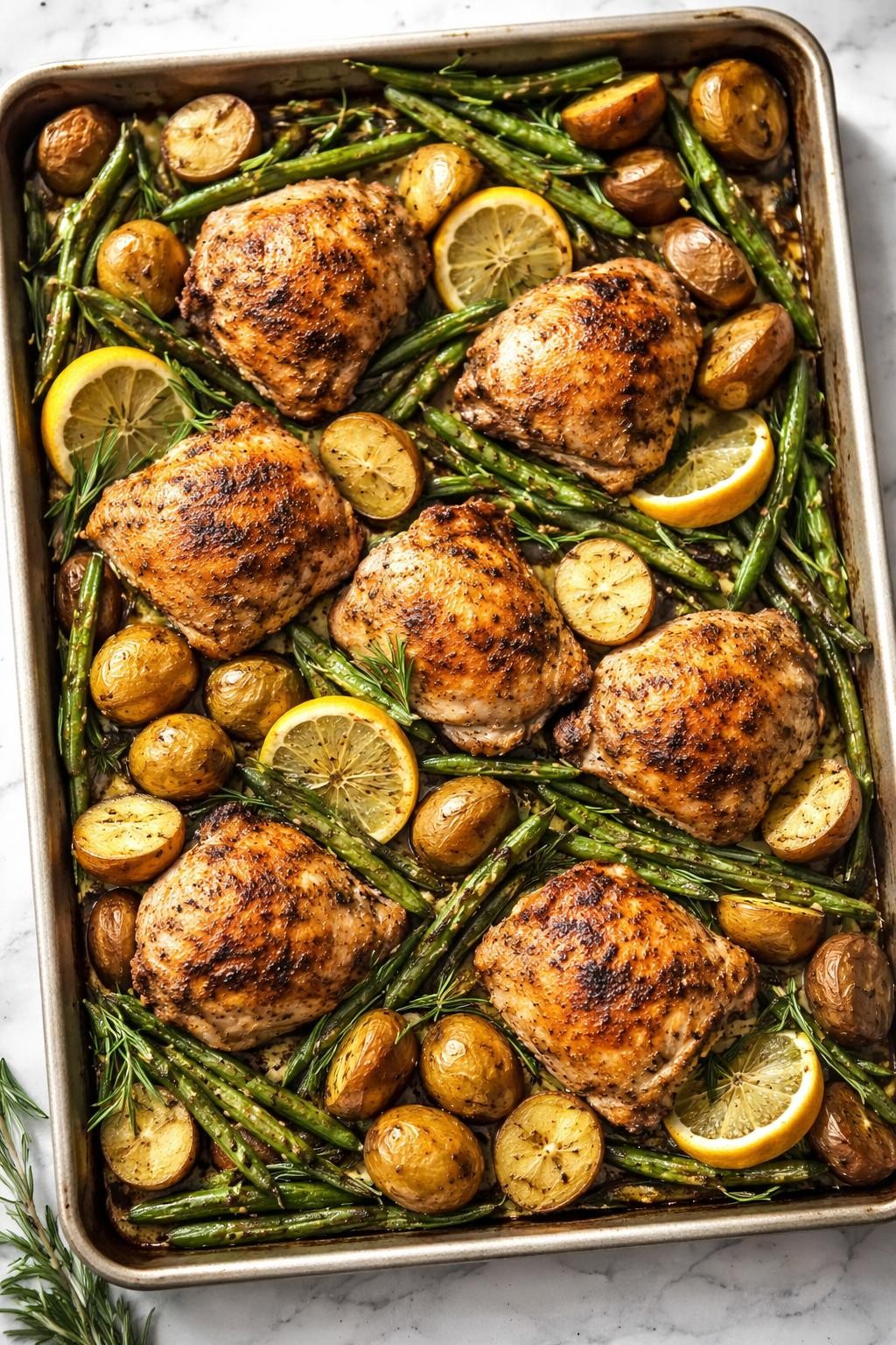 Photo prompt: Realistic top-down editorial food photography of a sheet pan filled with golden-brown chicken thighs, baby potatoes cut in half, and green beans. Lemon slices and fresh rosemary scattered throughout. Everything is lightly charred at the edges. Bright natural light, easy one-pan dinner mood, no people, no hands, no text, no watermarks, no props with writing.