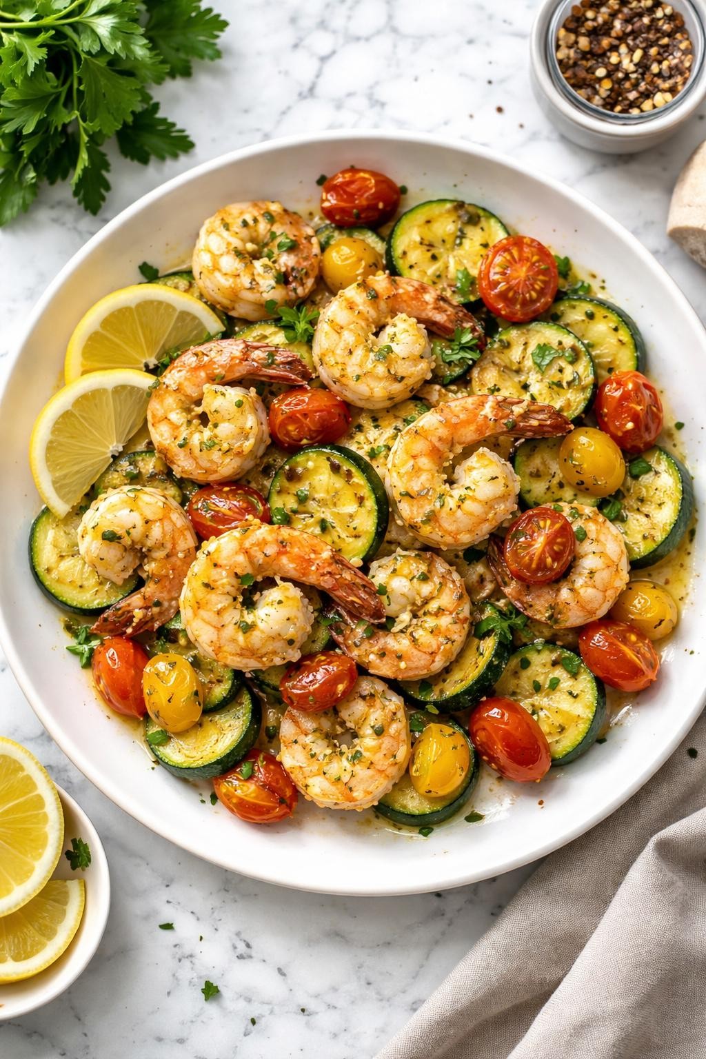 An overheard picture view of a plate of Garlic Shrimp with Zucchini and Tomatoes sitting on a marble countertop table in the kitchen, professional food photography style.