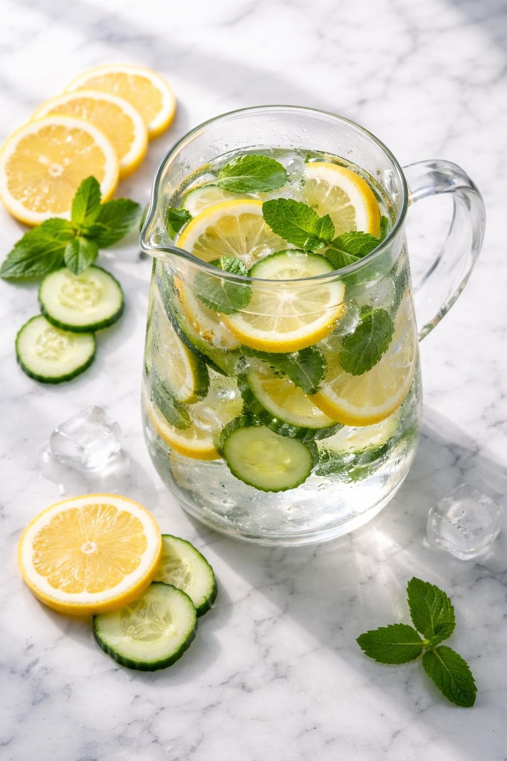 Realistic top-down editorial food photography of lemon cucumber mint detox water in a clear glass pitcher on a clean white and gray marble countertop, thin lemon slices, cucumber rounds, and fresh mint leaves floating in cold clear water, ice cubes visible, condensation on the pitcher, a few lemon and cucumber slices placed neatly nearby, bright natural window lighting, fresh clean homemade drink styling, high detail, no people, no hands, no text, no watermarks, no props with writing.