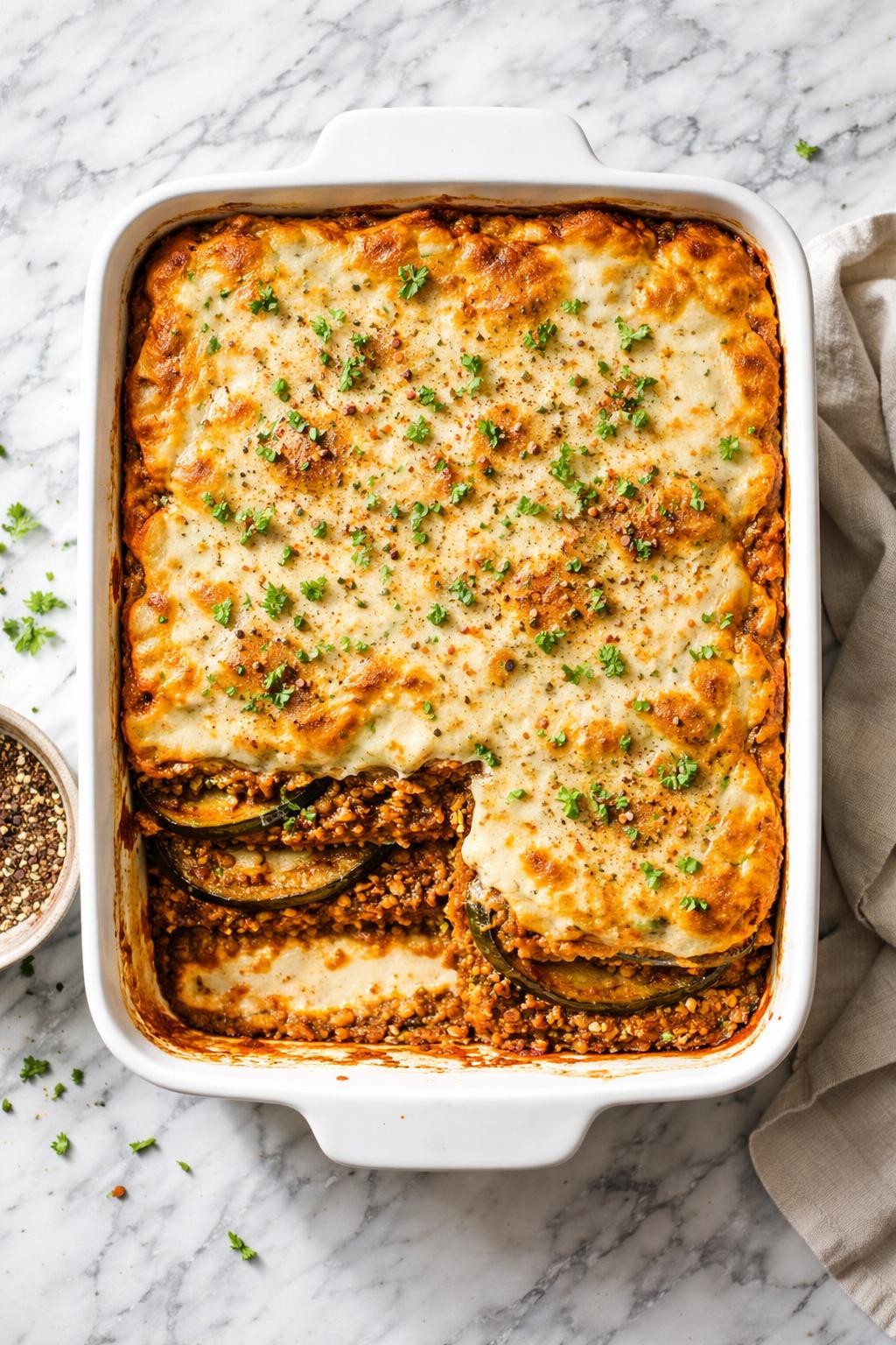 Image Prompt: Realistic top-down editorial food photography of vegan moussaka in a white baking dish on a clean white and gray marble countertop, layered baked eggplant, lentil tomato filling, and creamy dairy-free béchamel topping with golden baked surface, cozy hearty dinner mood, bright natural daylight, soft shadows, clean editorial food styling, high detail, realistic textures, no people, no hands, no text, no watermarks, no props with writing.