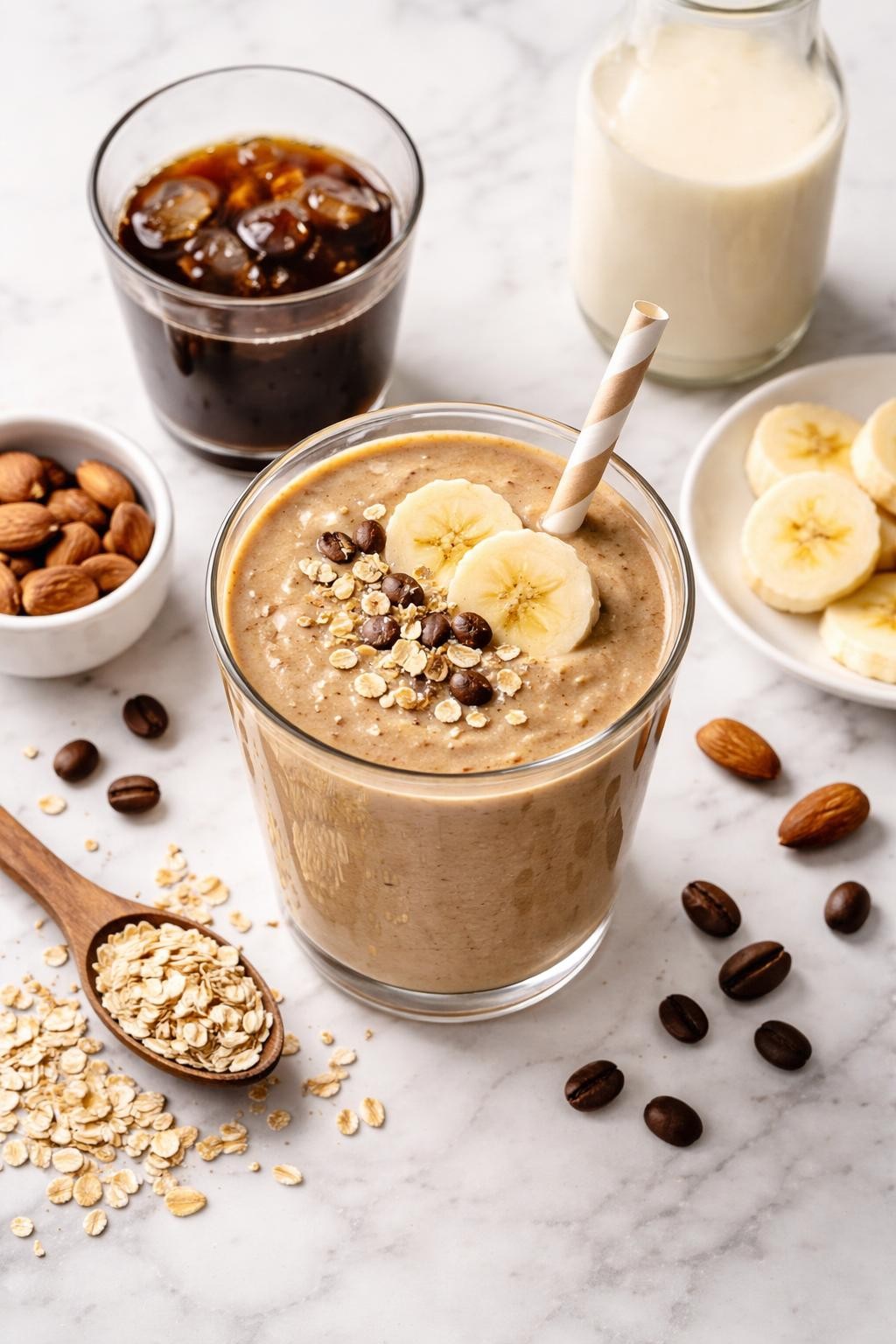 Realistic top-down food photography of a coffee almond milk smoothie served in a clear glass on a clean white marble countertop. The smoothie is light coffee brown, thick, smooth, and creamy, styled with cold coffee in a plain glass, almond milk, banana slices, rolled oats, and a few coffee beans nearby. Soft natural daylight, clean morning coffee smoothie styling, realistic texture, high detail, no people, no hands, no text, no watermarks, no props with writing.