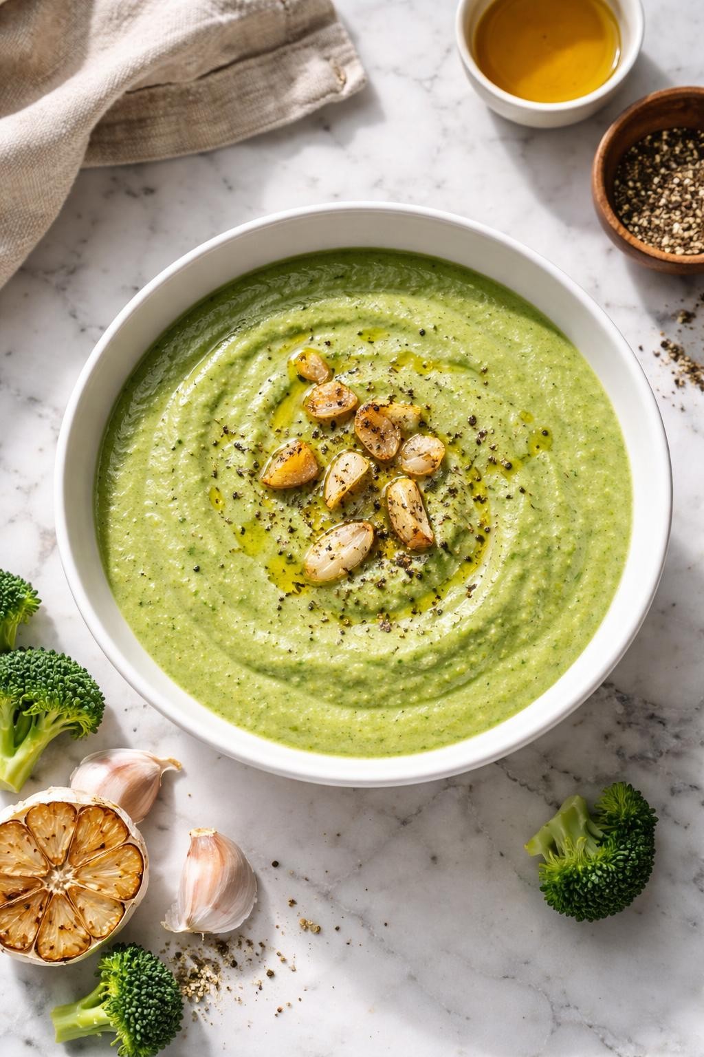 Image Prompt: Realistic top-down editorial food photography of broccoli garlic soup in a white bowl on a white marble countertop, smooth green soup with a rich creamy texture, topped with roasted garlic pieces and black pepper, fresh cozy homemade styling, bright natural daylight, soft shadows, no people, no hands, no text, no watermarks, no props with writing.