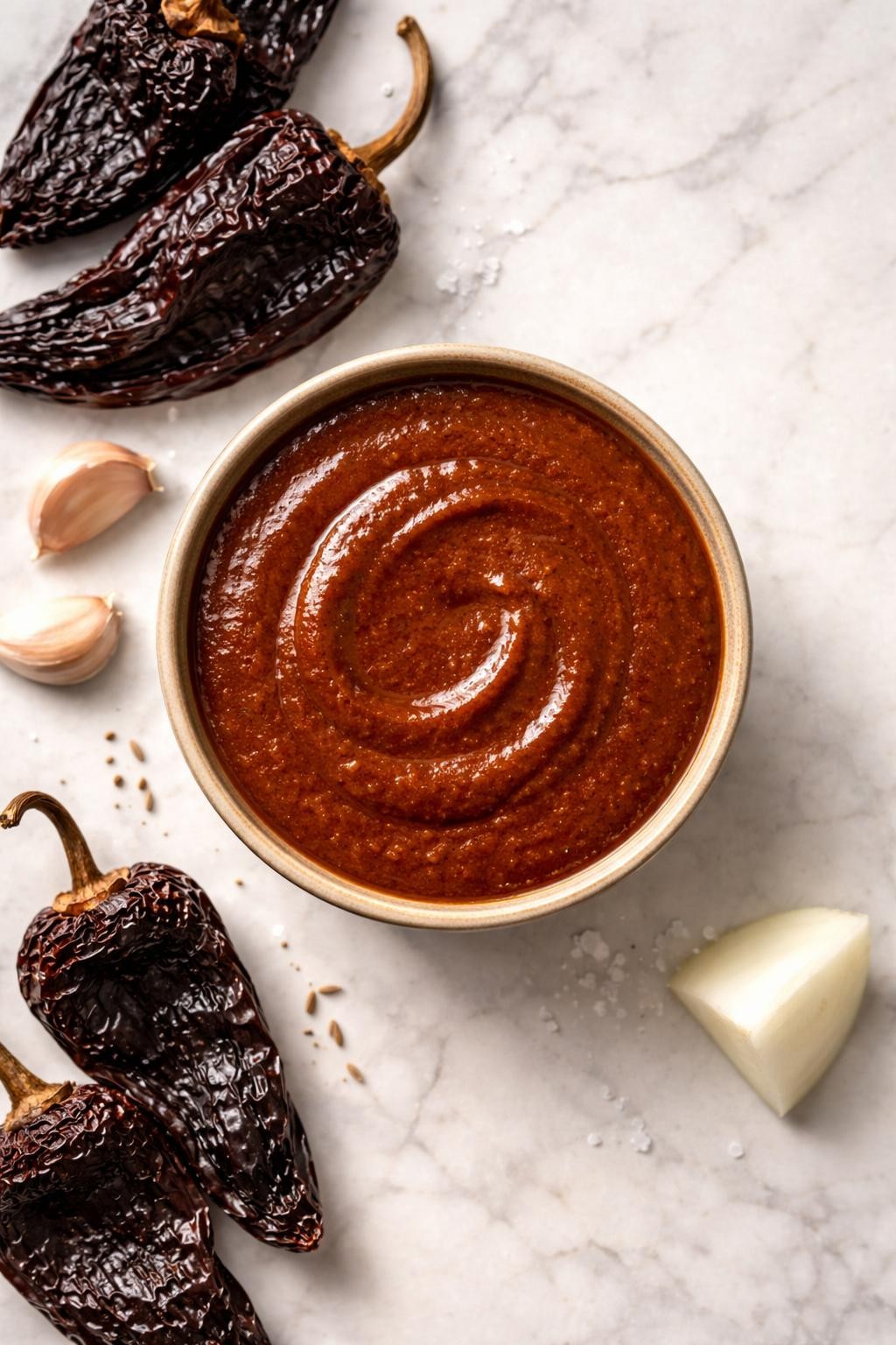 Image Prompt: Realistic top-down editorial food photography of homemade ancho chile sauce in a small bowl on a clean marble surface, dark red-brown Mexican sauce with smooth rich texture, made with ancho chiles, garlic, onion, broth, and spices, warm earthy color, a few dried ancho peppers nearby, soft daylight, cozy homemade mood, no people, no hands, no text, no watermarks, no props with writing.