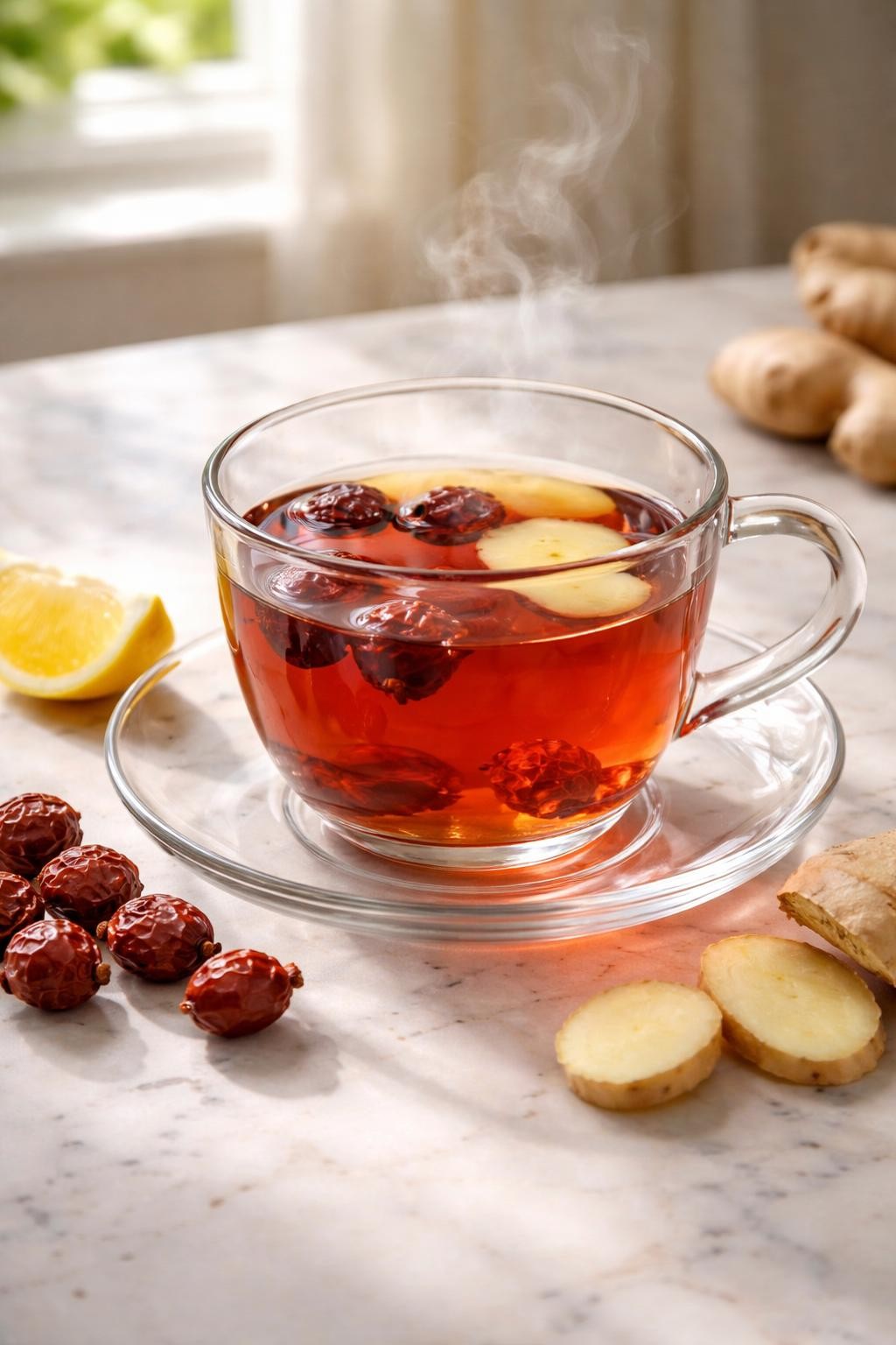 Realistic editorial food photography of wild rosehip ginger tea in a clear glass teacup on a pale marble countertop, warm amber-red tea with dried rosehips and thin ginger slices visible nearby, a small lemon wedge placed beside the cup, soft steam rising, clean cozy herbal tea styling, natural window light, soft shadows, high detail, realistic tea color, no people, no hands, no text, no watermarks, no props with writing.