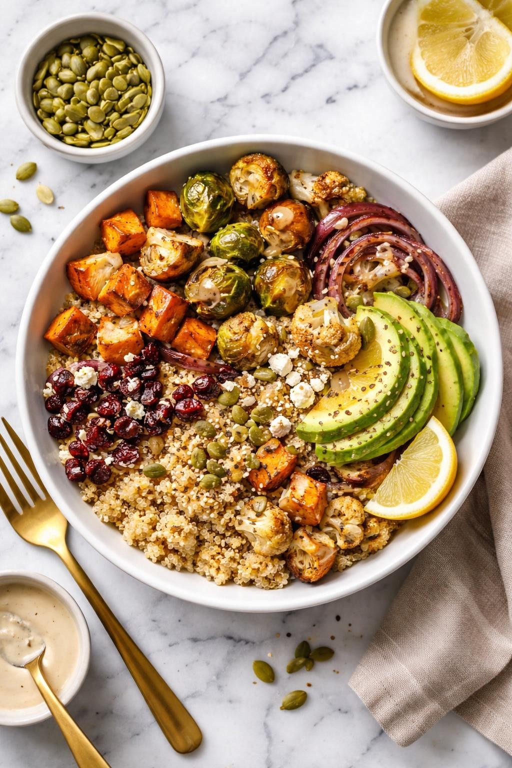 An overheard picture view of a plate of Roasted Vegetable and Quinoa Harvest Bowl sitting on a marble countertop table in the kitchen, professional food photography style.