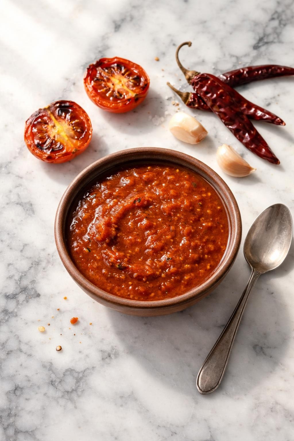 Image Prompt: Realistic top-down editorial food photography of a small rustic bowl of homemade salsa roja on a clean white and gray marble countertop, smooth red Mexican sauce made with roasted tomatoes, onion, garlic, and red chiles, glossy texture with a spoon resting beside the bowl, a few charred tomato halves and dried chiles nearby, bright natural window lighting, soft shadows, warm homemade kitchen mood, clean composition, high detail, realistic food texture, no people, no hands, no text, no watermarks, no props with writing.