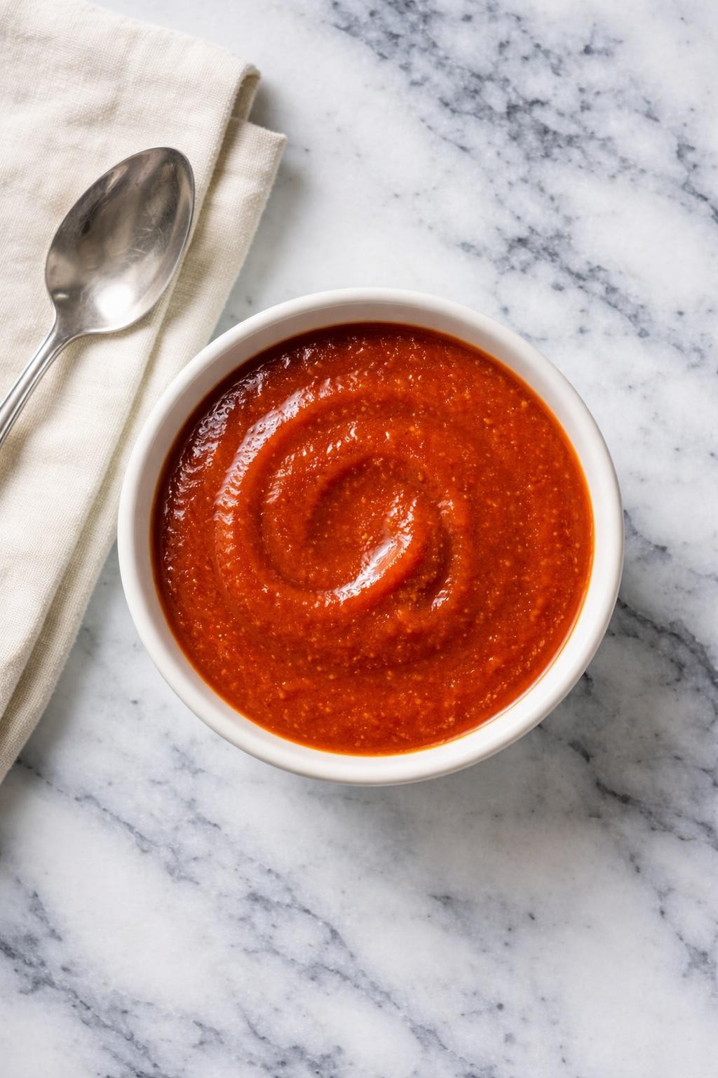 Image Prompt: Realistic top-down editorial food photography of a bowl of smooth mild red taco sauce on a white and gray marble countertop, glossy brick-red Mexican-inspired sauce with a pourable texture, made with tomato sauce, vinegar, chili powder, garlic, and cumin, spoon and folded napkin nearby, bright soft daylight, simple homemade food styling, no people, no hands, no text, no watermarks, no props with writing.