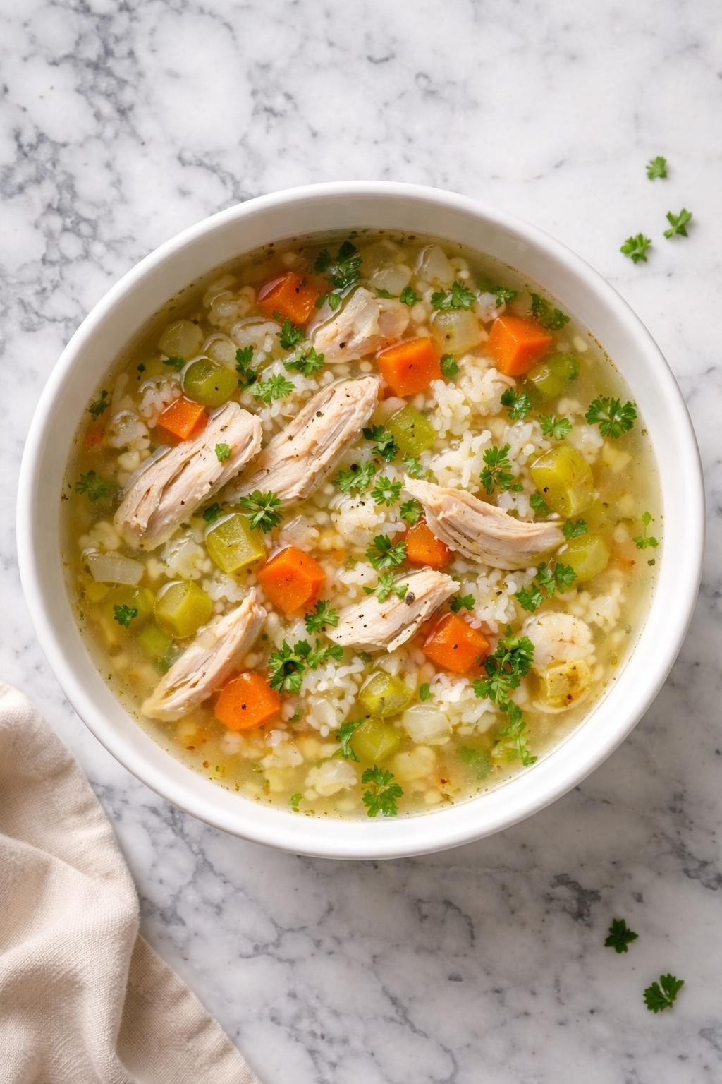 Image Prompt: Realistic top-down editorial food photography of chicken breast rice soup in a clean bowl on a white and gray marble countertop, clear broth with shredded chicken breast, white rice, carrots, celery, onion, and parsley, warm simple homemade mood, bright natural lighting, no people, no hands, no text, no watermarks, no props with writing.