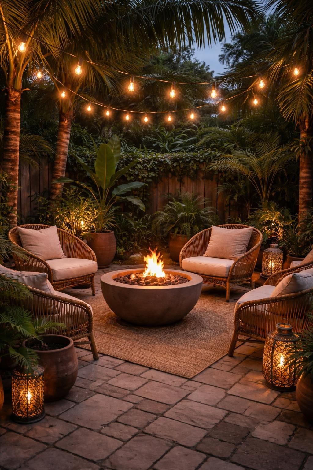 Image Prompt: A cozy tropical patio at dusk with a small gas fire bowl in the center, low rattan chairs with cream cushions, potted palms and ferns, warm string lights, stone paver floor, relaxed evening backyard retreat, no people, realistic DSLR image, no text, no watermarks on images.