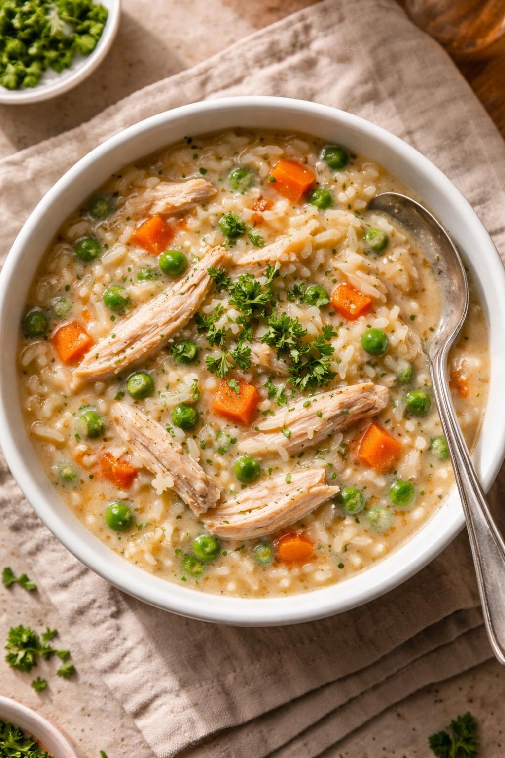 Photo prompt: Realistic top-down editorial food photography of a white bowl filled with creamy chicken and rice, with shredded chicken, carrots, peas, and fluffy rice in a savory broth. Fresh parsley on top. A spoon resting on the side. Warm natural light, pressure cooker one-pot dinner mood, no people, no hands, no text, no watermarks, no props with writing.