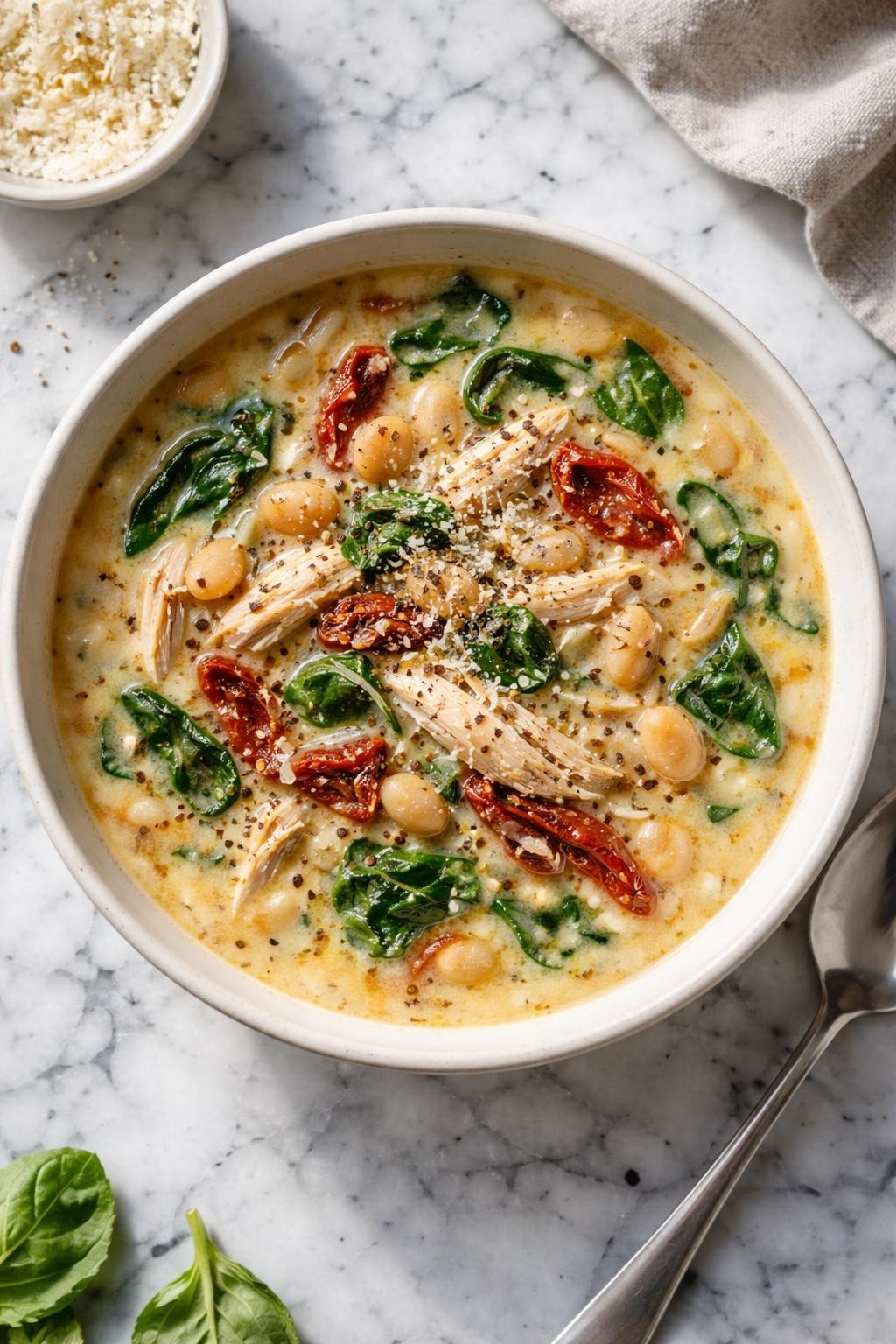Image Prompt: realistic top-down editorial food photography of a bowl of creamy Tuscan chicken soup on a white and gray marble countertop, creamy broth filled with shredded chicken, spinach, sun-dried tomatoes, diced onion, garlic, and tender white beans, topped with cracked black pepper and parmesan, simple neutral bowl, cozy homemade comfort food mood, bright natural window light, soft shadows, clean composition, high detail, realistic food texture, no people, no hands, no text, no watermarks, no props with writing.