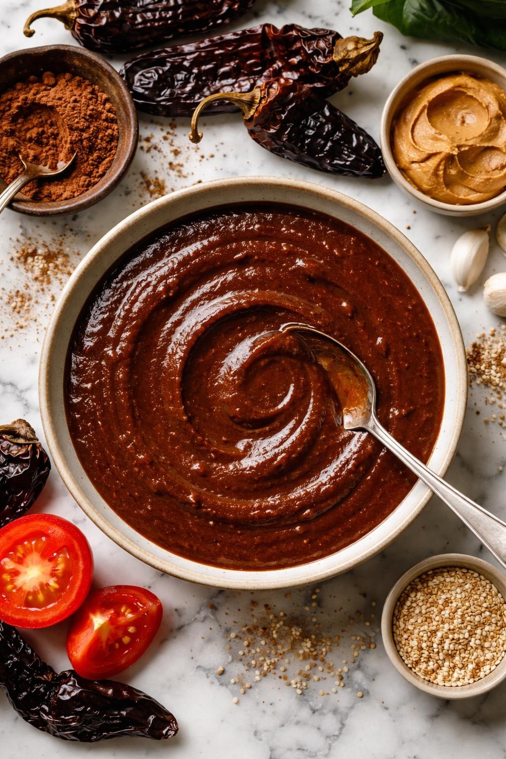 Image Prompt: Realistic top-down editorial food photography of a bowl of quick mole-inspired sauce on a white marble countertop, dark brown Mexican sauce with a rich glossy texture, made with dried chiles, cocoa powder, peanut butter, tomato, and warm spices, spoon swirl on the surface, a few sesame seeds nearby, soft natural light, cozy rich homemade mood, no people, no hands, no text, no watermarks, no props with writing.