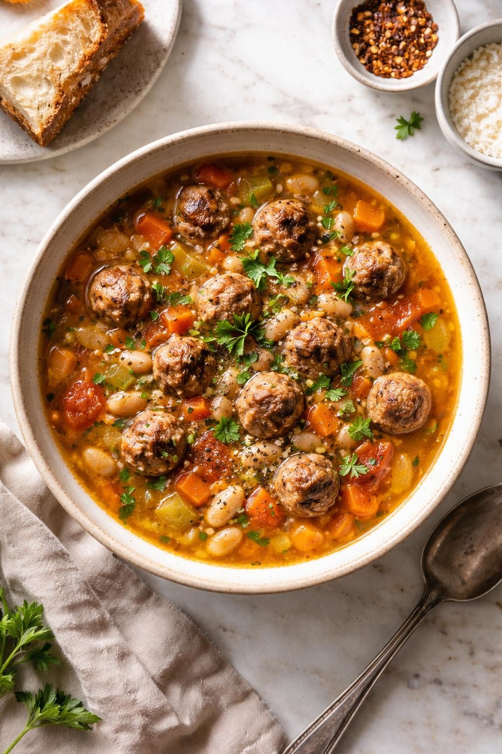 Image Prompt: Realistic top-down editorial food photography of a bowl of meatball bean soup on a pale marble countertop, filled with browned mini meatballs, white beans, carrots, celery, tomatoes, and a rich savory broth, topped with parsley and black pepper, warm homemade rustic dinner mood, bright natural window light, soft shadows, clean styling, high detail, no people, no hands, no text, no watermarks, no props with writing.