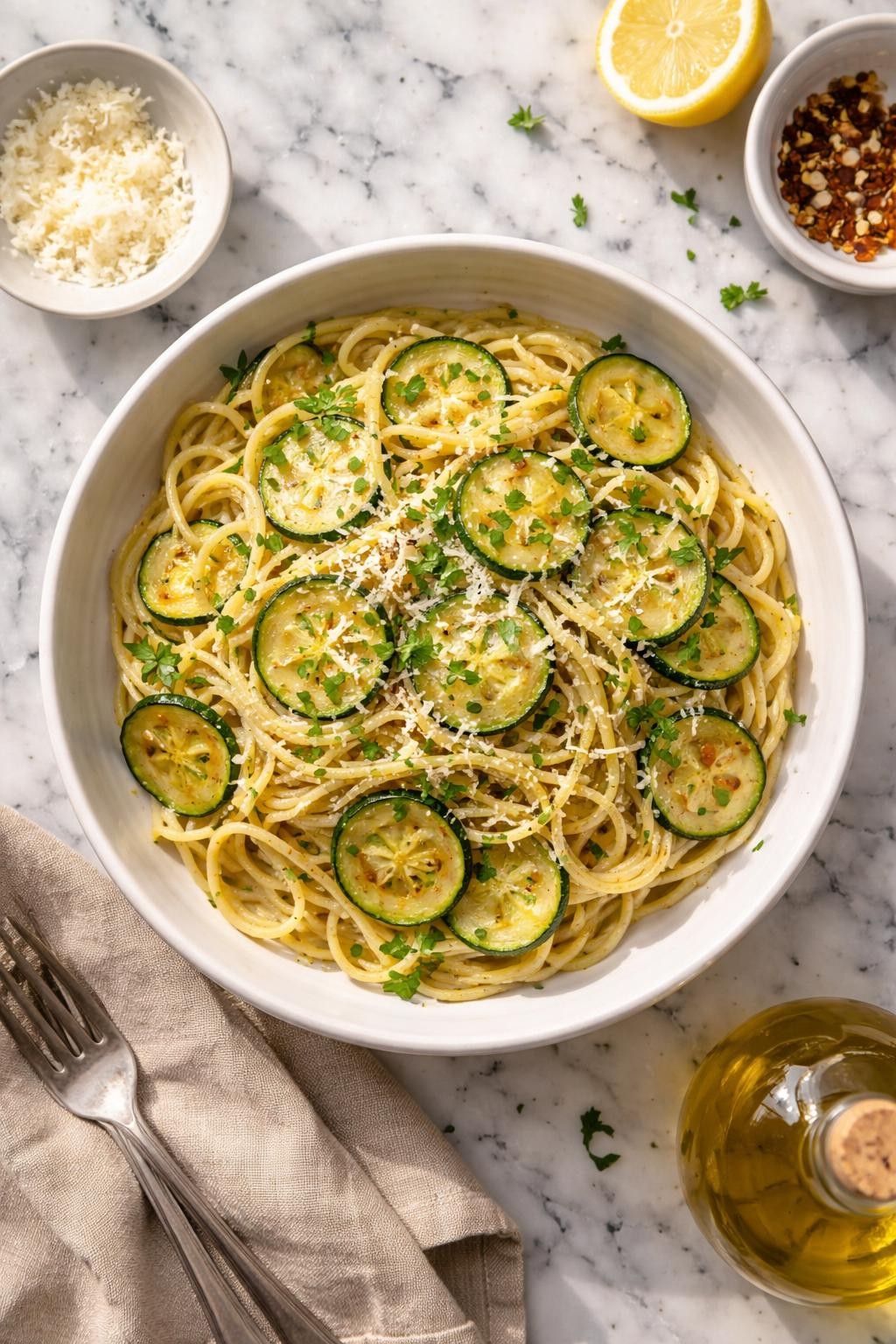 Image Prompt: Realistic top-down editorial food photography of Italian zucchini pasta in a shallow white bowl on a clean white and gray marble countertop, spaghetti tossed with sautéed zucchini, garlic, olive oil, parmesan, and parsley, glossy light coating on the pasta, bright natural daylight, cozy homemade pasta dinner mood, no people, no hands, no text, no watermarks, no props with writing.