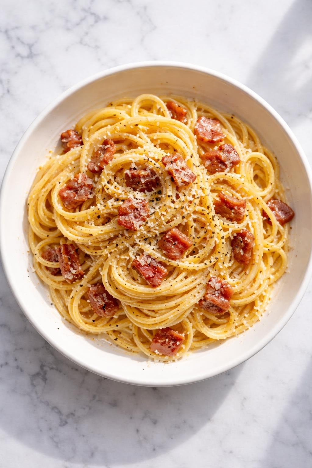 Image Prompt: Realistic top-down editorial food photography of classic spaghetti carbonara in a shallow white bowl on a white marble countertop, spaghetti coated in silky egg and cheese sauce with crispy pancetta and cracked black pepper, simple Roman-style presentation, bright natural daylight, soft shadows, clean editorial food styling, high detail, realistic food texture, no people, no hands, no text, no watermarks, no props with writing.