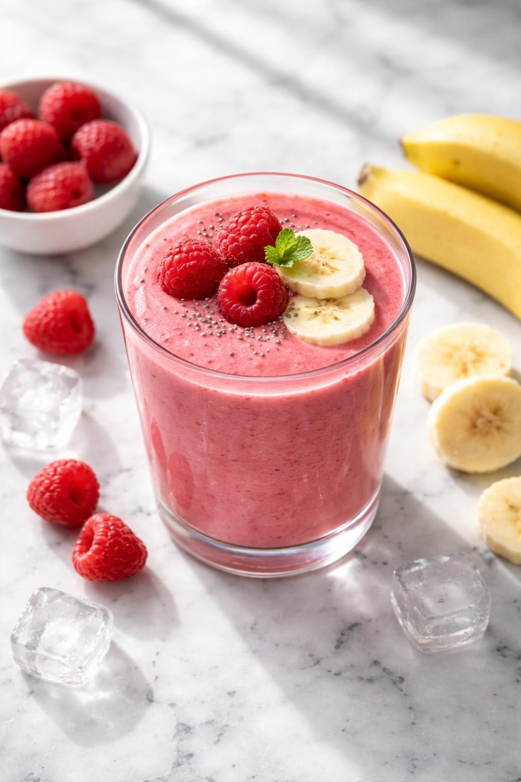Realistic top-down editorial food photography of a creamy raspberry banana smoothie served in a clear glass on a clean white and gray marble countertop. The smoothie is bright pink-red, thick, smooth, and cold-looking, with raspberries, banana slices, and a few ice cubes styled neatly nearby. Bright natural window lighting, soft shadows, clean breakfast smoothie styling, high detail, realistic creamy texture, no people, no hands, no text, no watermarks, no props with writing.