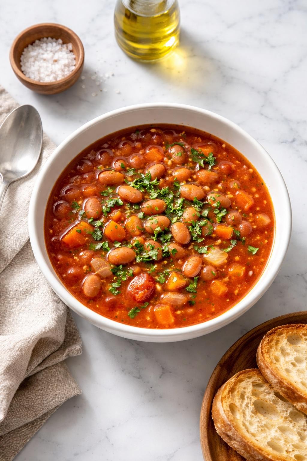 Image Prompt: Realistic top-down editorial food photography of tomato pinto bean soup in a simple white bowl on a clean marble countertop, red-tinted broth with tender pinto beans, carrots, onions, and chopped herbs, cozy homemade styling, bright natural light, soft shadows, clean composition, no people, no hands, no text, no watermarks, no props with writing.