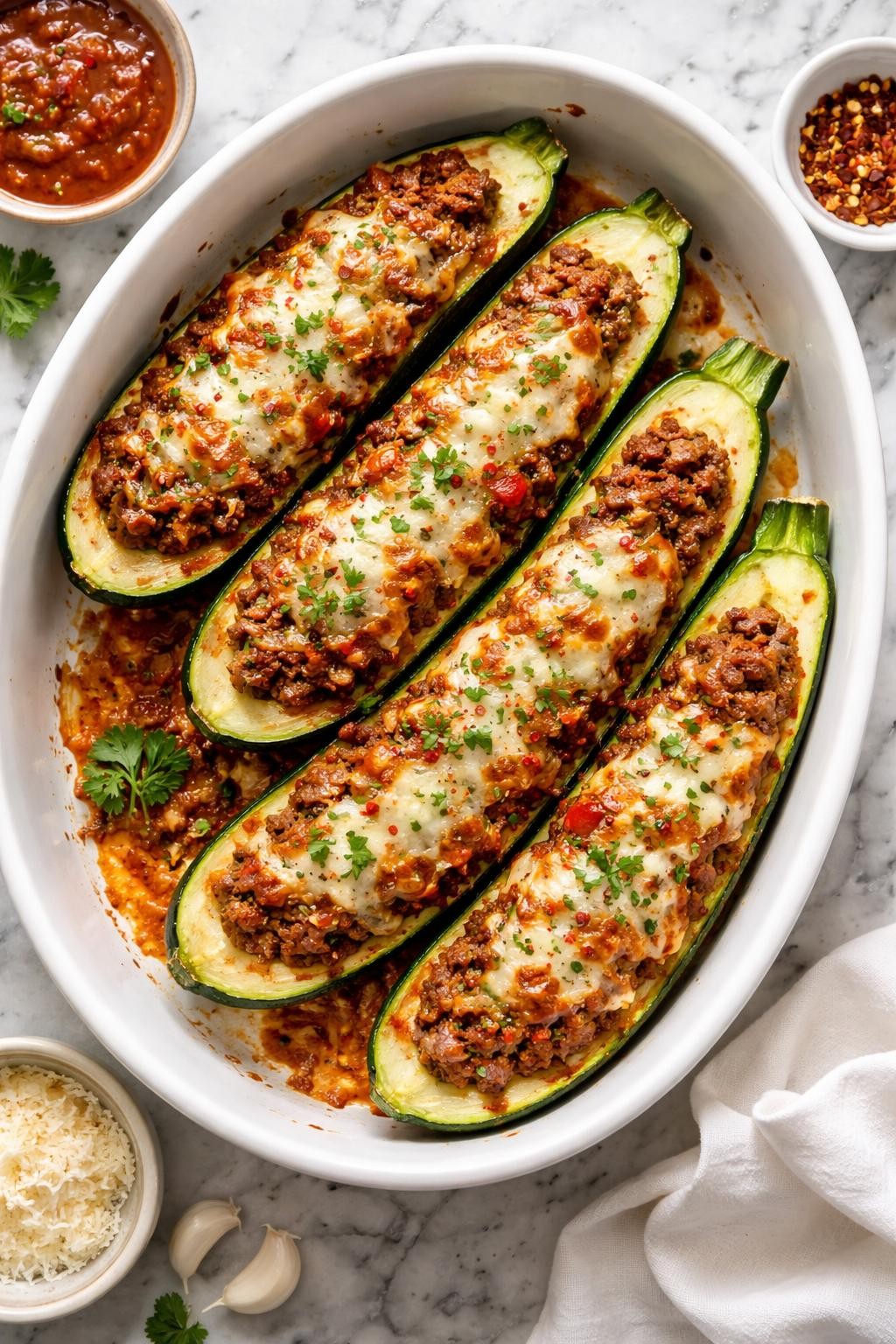 Image Prompt: Realistic top-down editorial food photography of Italian stuffed zucchini boats on a white and gray marble countertop, zucchini halves filled with seasoned ground beef, marinara, herbs, and melted mozzarella, golden top visible, bright natural daylight, hearty homemade dinner mood, no people, no hands, no text, no watermarks, no props with writing.