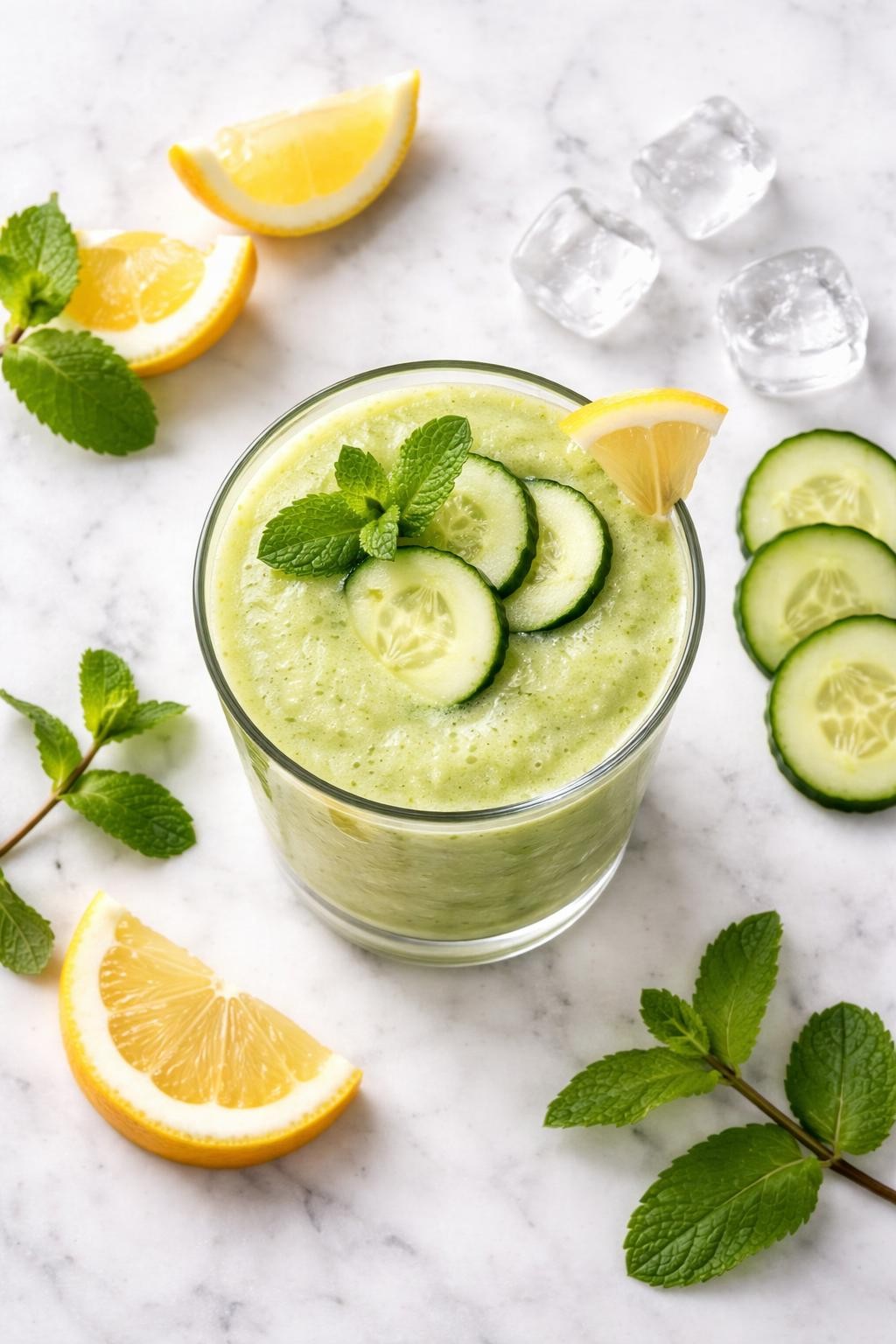 Realistic top-down food photography of a cucumber lemon smoothie served in a clear glass on a clean white marble countertop. The smoothie is pale green, light, smooth, and refreshing, styled with cucumber slices, lemon wedges, mint leaves, and a few ice cubes nearby. Bright natural daylight, crisp clean smoothie styling, high detail, realistic drink texture, no people, no hands, no text, no watermarks, no props with writing.