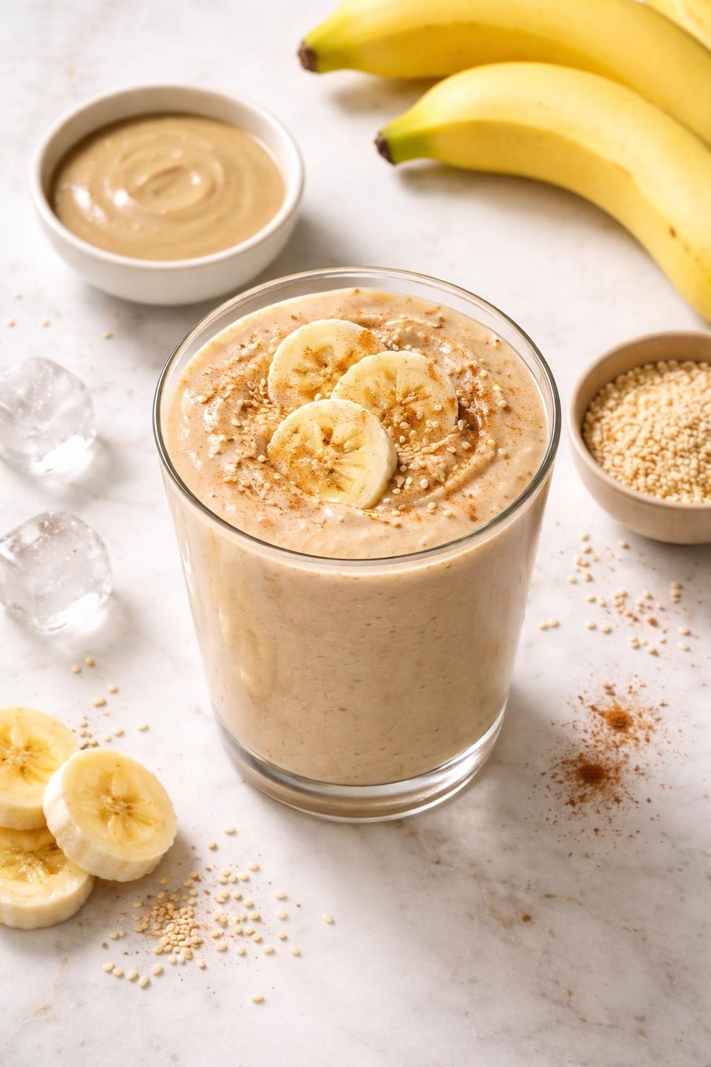 Realistic top-down food photography of a banana tahini smoothie served in a clear glass on a clean white marble countertop. The smoothie is creamy beige, thick, smooth, and glossy, styled with banana slices, tahini in a plain dish, sesame seeds, cinnamon, and a few ice cubes nearby. Soft natural daylight, clean nutty smoothie styling, realistic creamy texture, high detail, no people, no hands, no text, no watermarks, no props with writing.