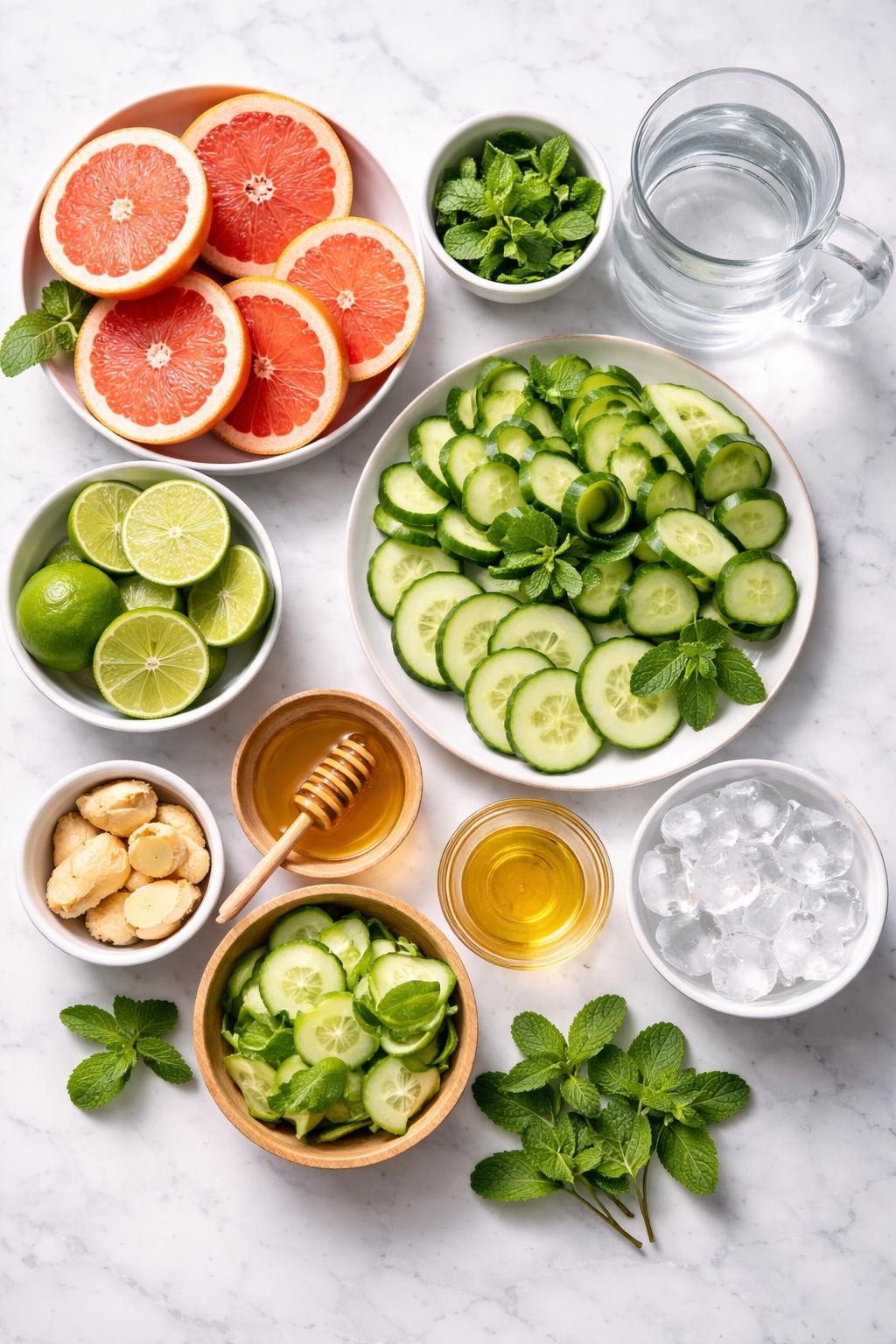 Prompt: A realistic top-down flat lay food photography shot of all ingredients for the best grapefruit detox drink arranged neatly on a countertop marble table: fresh grapefruit halves and grapefruit rounds, fresh lime halves and lime rounds, thin cucumber slices and cucumber ribbons, peeled fresh ginger pieces, fresh mint leaves, honey in a small clear bowl, cold water in a clear glass pitcher, apple cider vinegar in a small clear bowl, and ice cubes in a small clear bowl. Clean natural lighting, fresh pink citrus drink styling, neat composition, no people, no hands, no text, no watermarks, no props with writing.