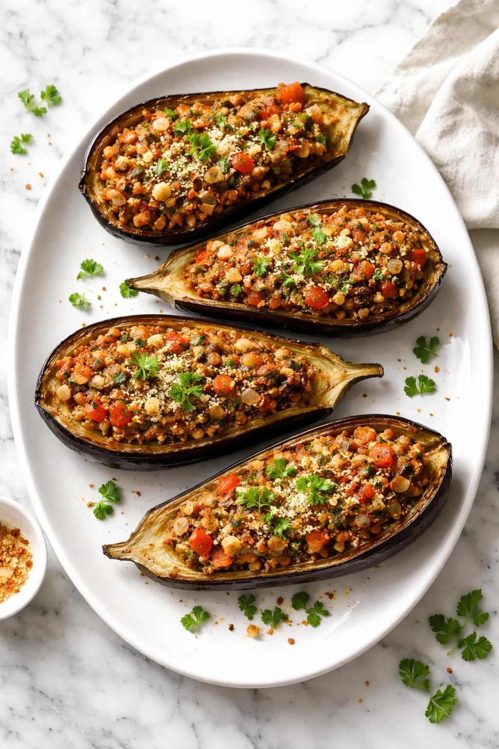 Image Prompt: Realistic top-down editorial food photography of vegan stuffed eggplant boats on a white platter over a clean white and gray marble countertop, halved roasted eggplants filled with tomato, onion, lentils, herbs, and breadcrumbs, golden tops and tender glossy eggplant shells, warm homemade dinner styling, bright natural light, soft shadows, high detail, realistic food texture, no people, no hands, no text, no watermarks, no props with writing.