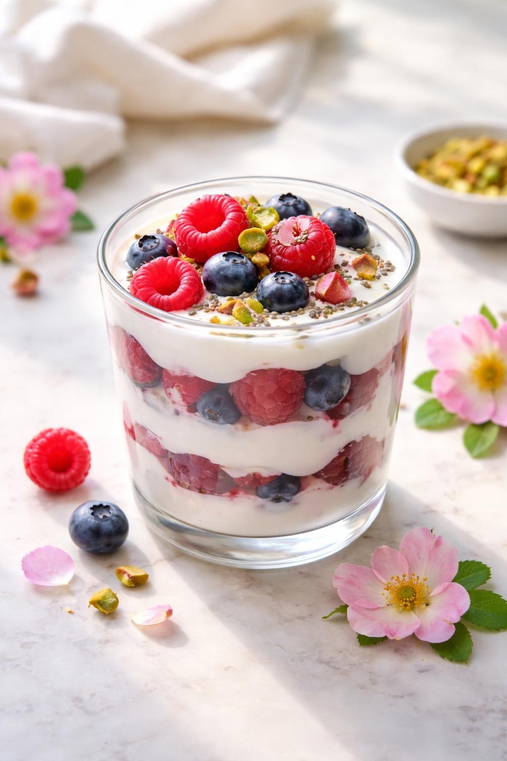 Realistic top-down editorial food photography of wild rose yogurt parfait in a clear glass cup on a pale marble countertop, layers of plain Greek yogurt, fresh raspberries, blueberries, chia seeds, chopped pistachios, and tiny food-safe wild rose petals, clean pretty breakfast styling, bright natural window lighting, soft shadows, high detail, realistic creamy texture, no people, no hands, no text, no watermarks, no props with writing.