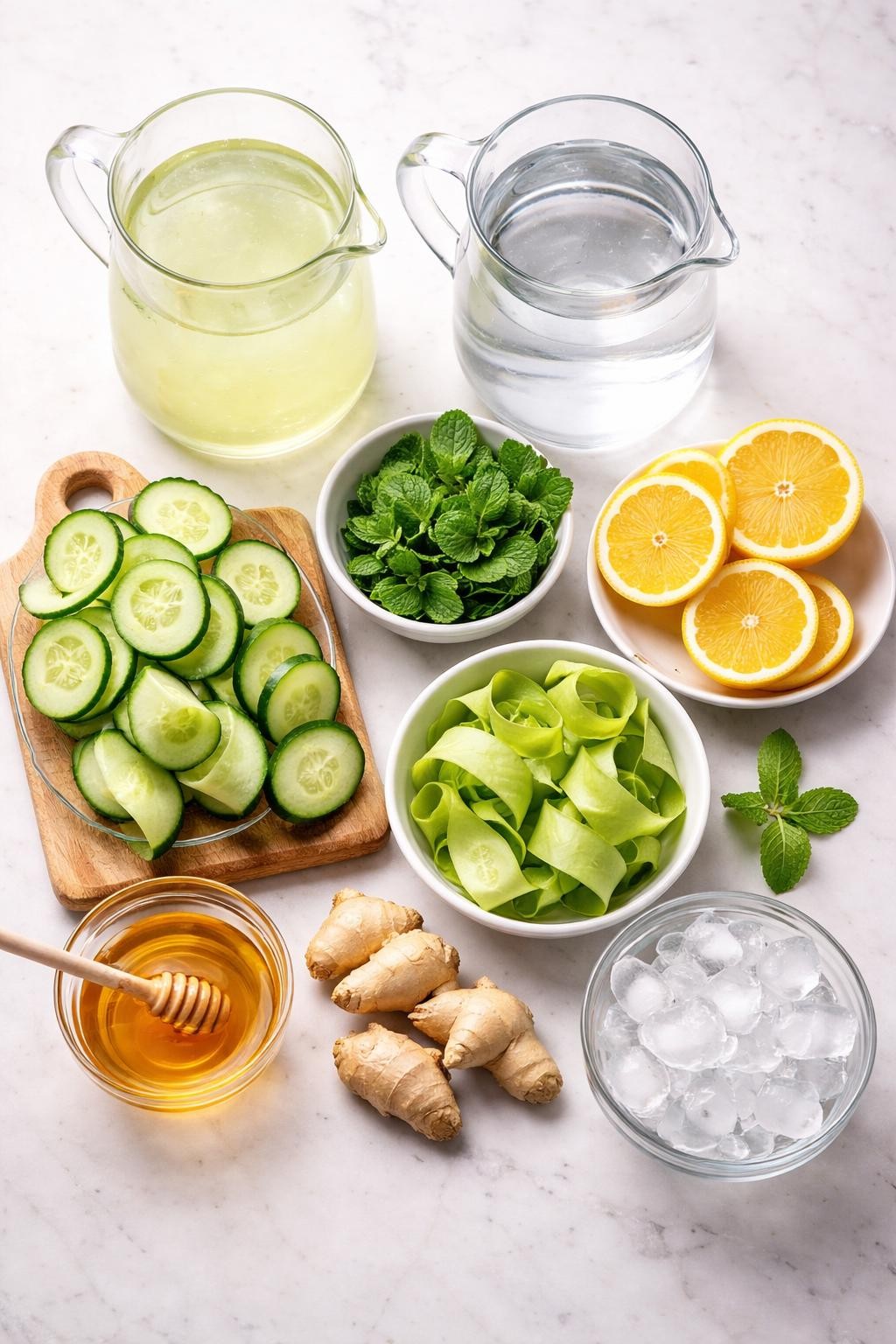 Prompt: A realistic top-down flat lay food photography shot of all ingredients for the best aloe vera detox drink arranged neatly on a countertop marble table: food-grade aloe vera juice in a clear glass pitcher, cold water in a clear glass pitcher, fresh cucumber slices and cucumber ribbons, lemon halves and lemon rounds, fresh mint leaves, honey in a small clear bowl, peeled fresh ginger pieces, and ice cubes in a small clear bowl. Clean natural lighting, soft green wellness drink styling, neat composition, no people, no hands, no text, no watermarks, no props with writing.