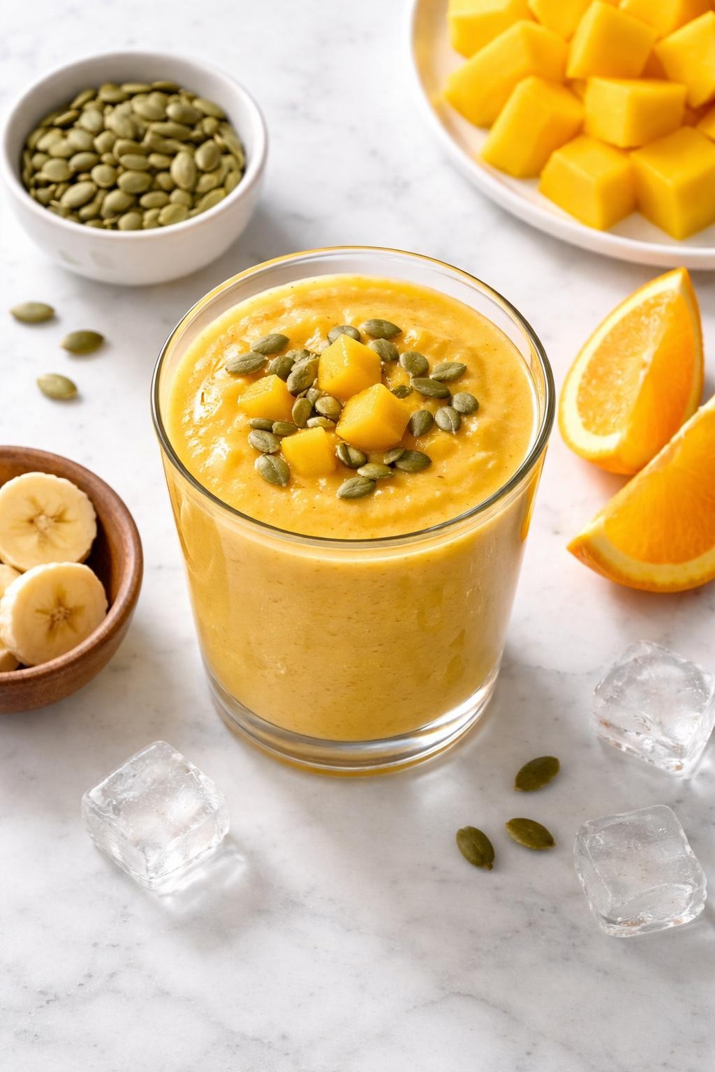 Realistic top-down food photography of a pumpkin seed mango smoothie served in a clear glass on a clean white marble countertop. The smoothie is golden yellow, thick, creamy, and smooth, styled with mango cubes, pumpkin seeds in a plain small bowl, banana slices, orange wedges, and a few ice cubes nearby. Bright natural window lighting, clean nourishing smoothie styling, high detail, realistic creamy texture, no people, no hands, no text, no watermarks, no props with writing.