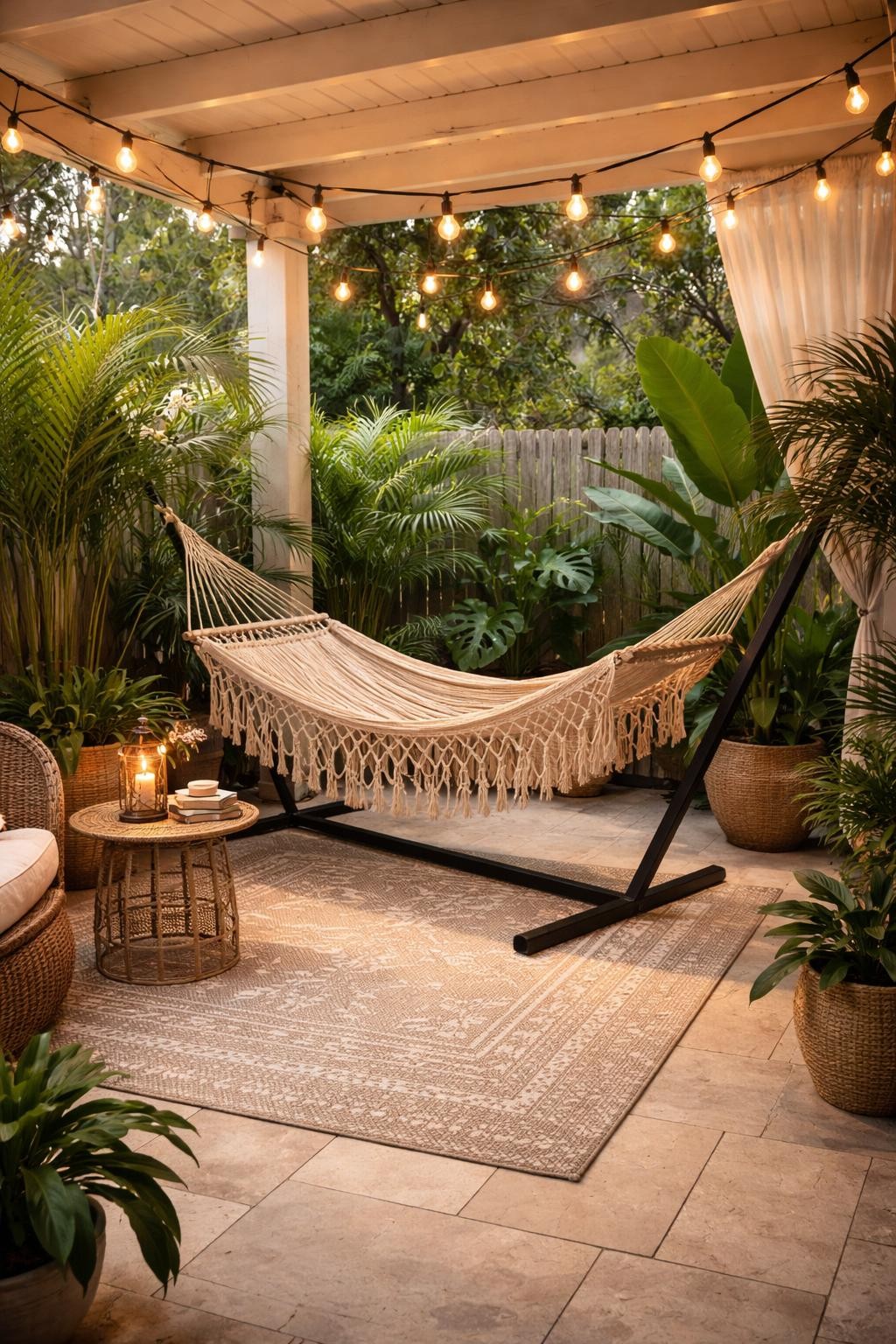 Image Prompt: A relaxed tropical patio corner with a woven hammock on a sturdy stand, potted palms, leafy plants, small side table, outdoor rug, warm string lights, light stone floor, calm backyard escape, no people, realistic DSLR editorial photo, high detail, no text, no watermarks on images.