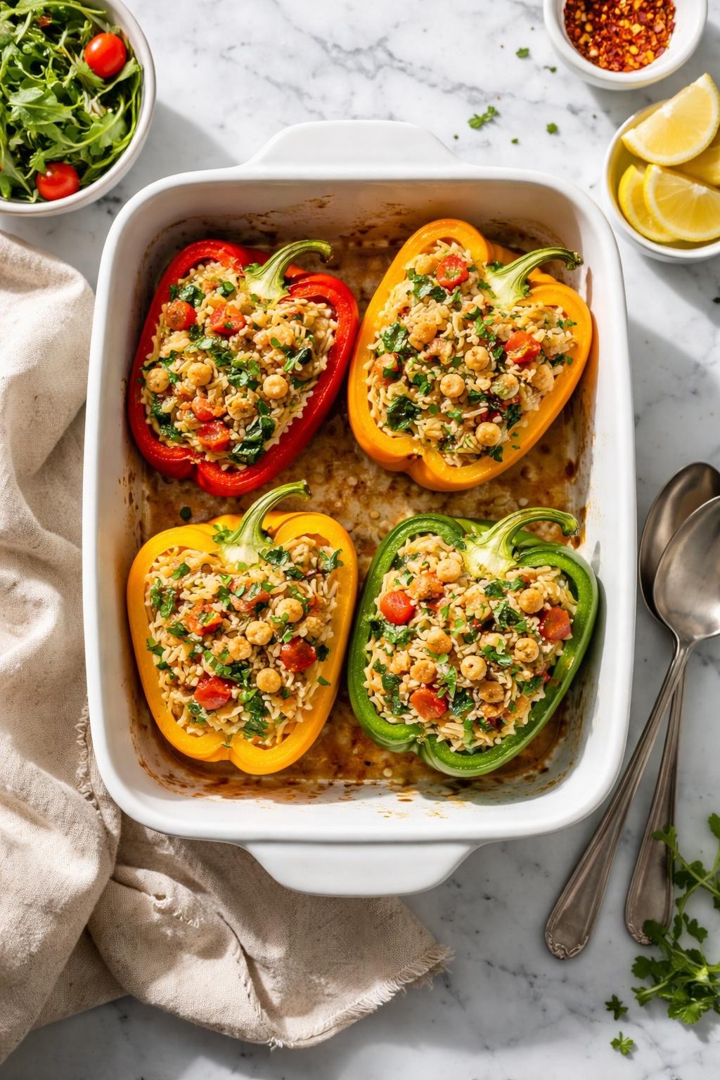 Image Prompt: Realistic top-down editorial food photography of vegan orzo stuffed peppers on a clean white and gray marble countertop, colorful bell peppers filled with orzo, tomatoes, chickpeas, herbs, and spinach in a baking dish, fresh cozy homemade dinner styling, natural window lighting, soft shadows, clean composition, high detail, realistic food texture, no people, no hands, no text, no watermarks, no props with writing.