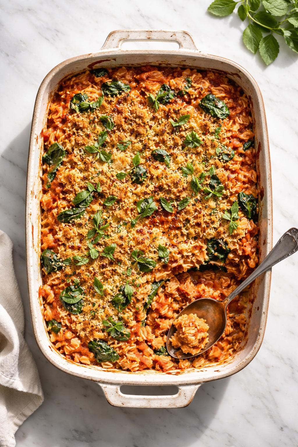 Image Prompt: Realistic top-down editorial food photography of a baking dish of vegan tomato orzo bake on a white marble countertop, baked orzo with tomato sauce, spinach, herbs, and a lightly golden top in a rustic casserole dish, cozy homemade comfort food styling, bright natural daylight, soft shadows, clean editorial composition, high detail, realistic texture, no people, no hands, no text, no watermarks, no props with writing.