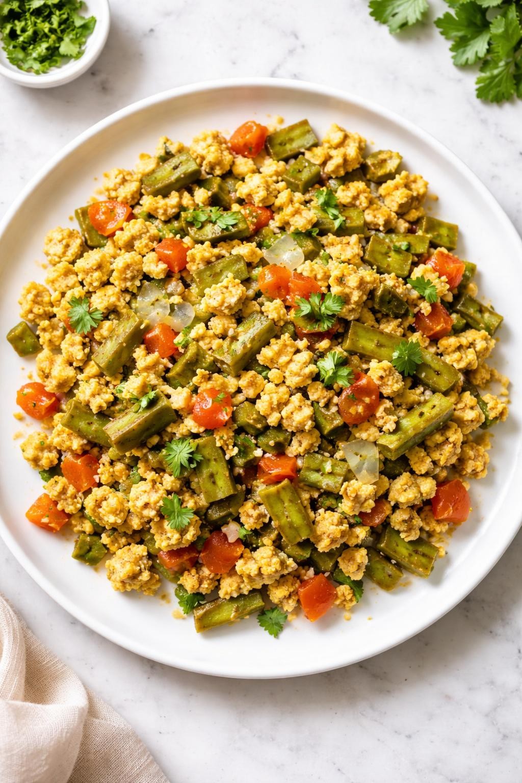 Image Prompt: Realistic top-down editorial food photography of nopales with scrambled tofu on a white plate over a clean marble countertop, tender cooked nopales mixed with golden tofu scramble, tomatoes, onions, and cilantro, simple homemade Mexican breakfast styling, bright natural light, no people, no hands, no text, no watermarks, no props with writing.