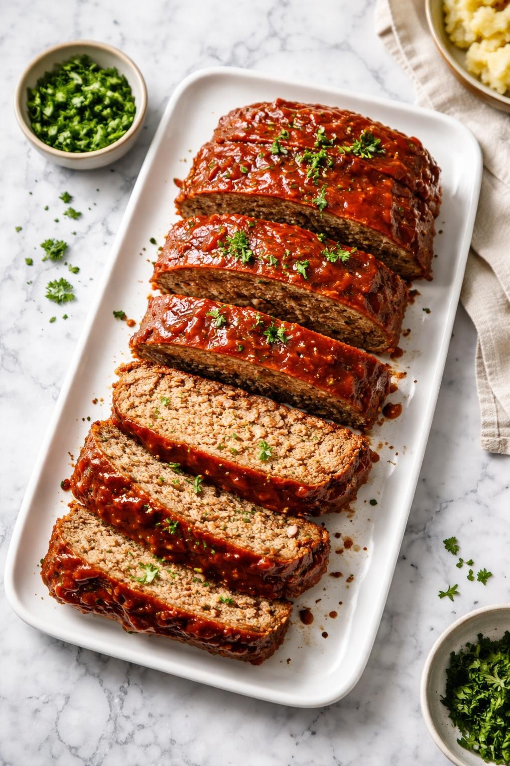 Image Prompt: Realistic top-down editorial food photography of sliced onion soup mix meatloaf on a clean white and gray marble countertop, juicy brown meatloaf glazed with ketchup, cut into thick slices showing a tender moist center, scattered parsley on top, cozy homemade dinner mood, bright natural window lighting, soft shadows, clean composition, high detail, realistic food texture, no people, no hands, no text, no watermarks, no props with writing.