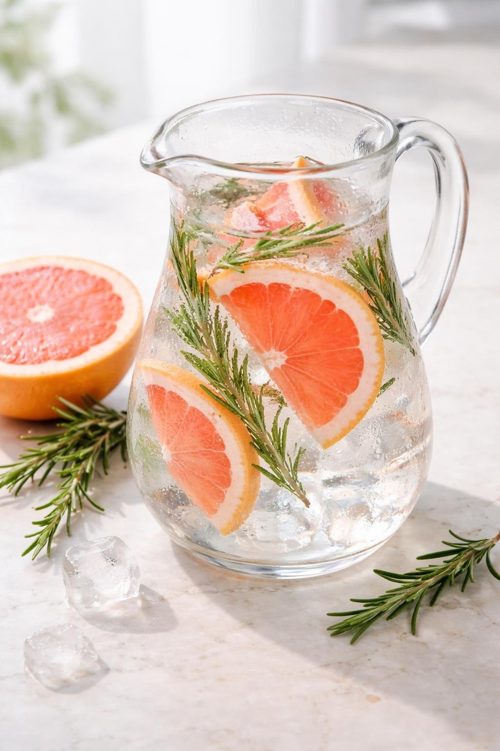 Realistic editorial food photography of grapefruit rosemary detox water in a clear glass pitcher on a pale marble countertop, pink grapefruit slices floating in clear cold water with fresh rosemary sprigs and ice cubes, light condensation on the glass, a halved grapefruit and small rosemary sprigs nearby, clean bright citrus drink styling, natural daylight, soft shadows, high detail, no people, no hands, no text, no watermarks, no props with writing.