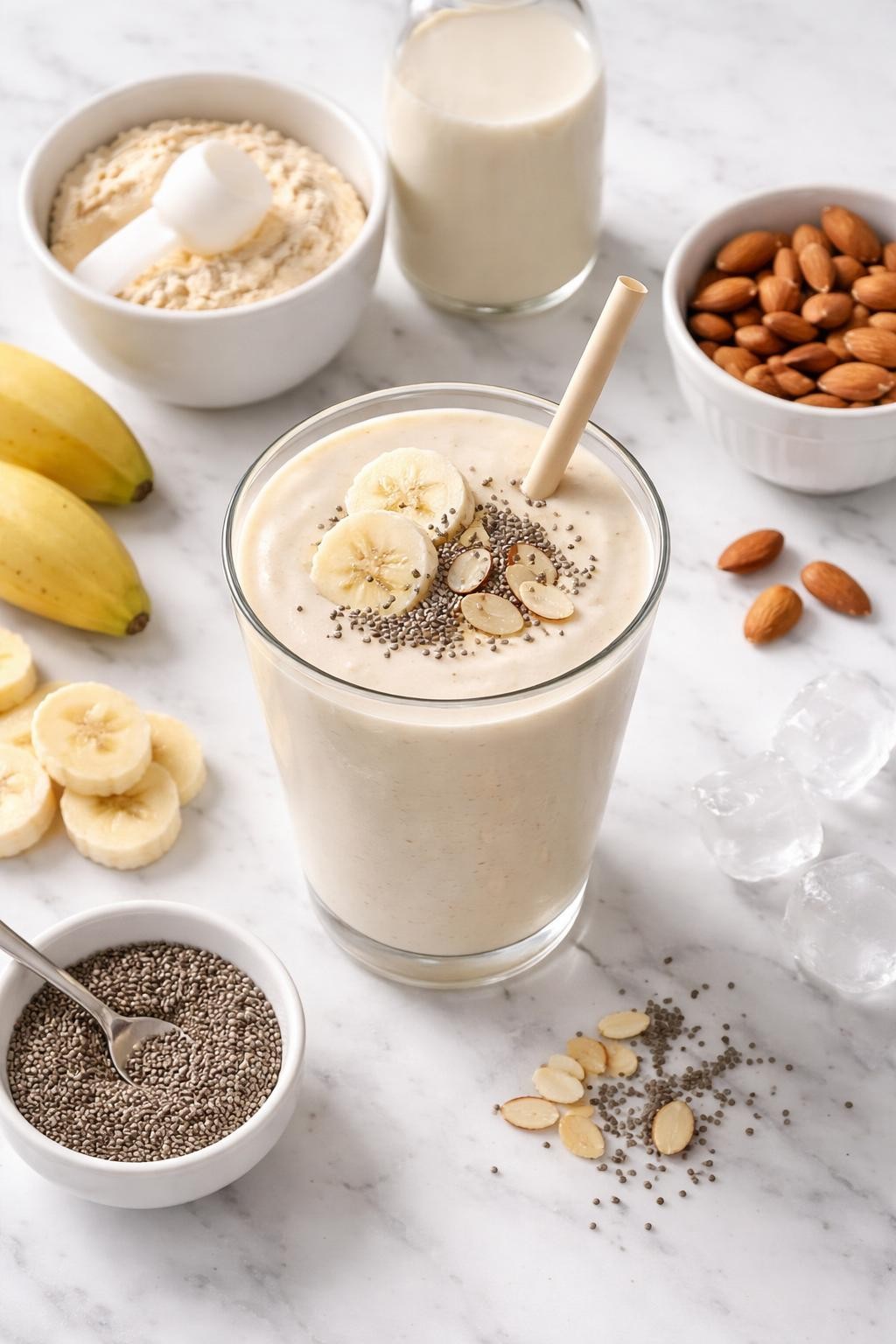 Realistic top-down editorial food photography of a protein almond milk smoothie served in a clear glass on a clean white marble countertop. The smoothie is pale cream, thick, smooth, and creamy, styled with vanilla protein powder in a plain bowl, almond milk, banana slices, chia seeds, and a few ice cubes nearby. Bright natural daylight, clean healthy breakfast smoothie styling, realistic texture, high detail, no people, no hands, no text, no watermarks, no props with writing.