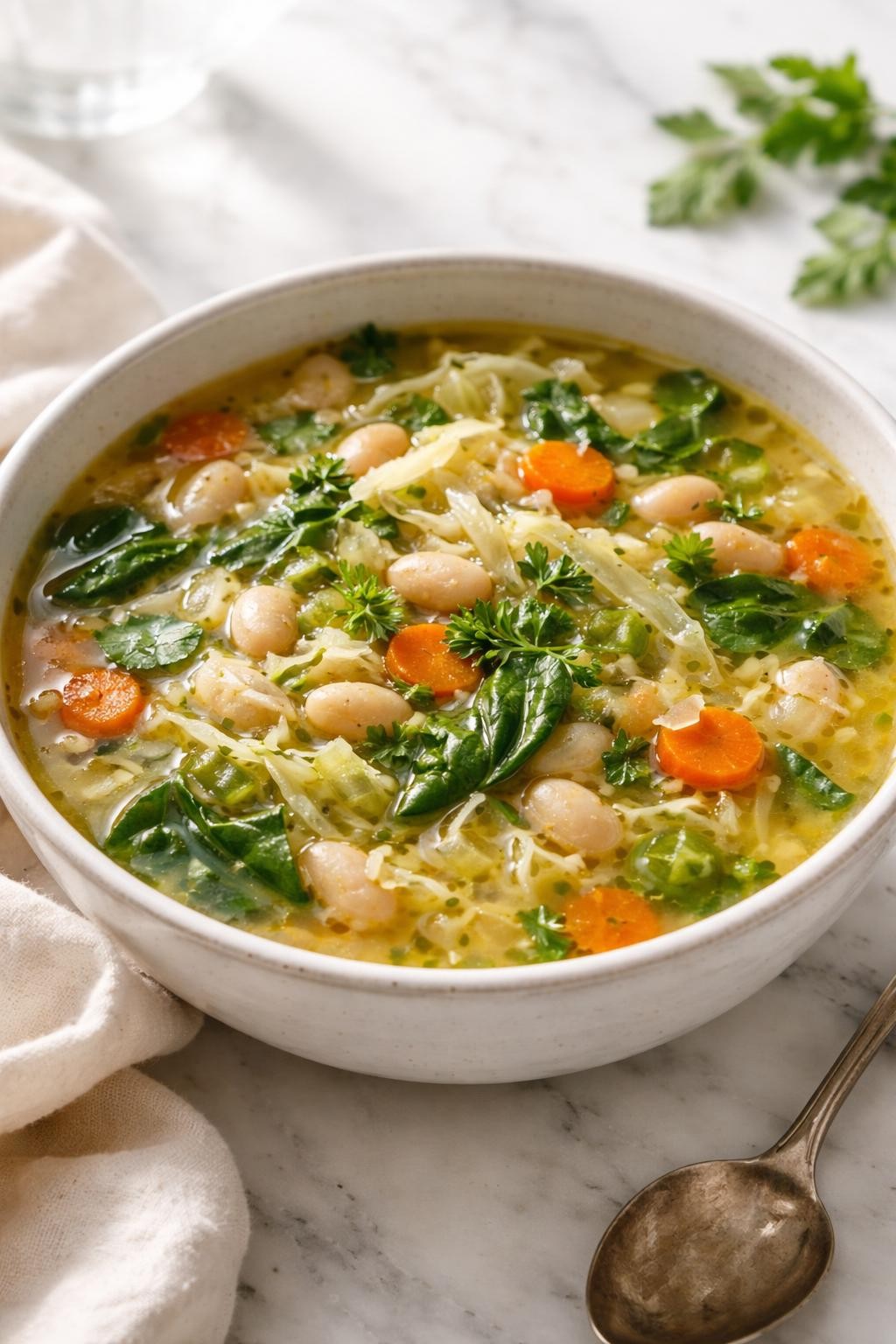 Realistic editorial food photography of cabbage white bean detox soup in a rustic white bowl on a clean marble countertop, light golden broth filled with shredded cabbage, creamy white beans, carrots, celery, onion, garlic, spinach, and fresh parsley, olive oil drizzle on top, cozy healthy homemade soup mood, bright natural window lighting, soft shadows, high detail, realistic bean and vegetable texture, no people, no hands, no text, no watermarks, no props with writing.