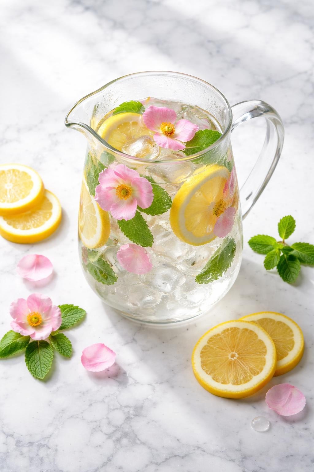 Realistic top-down editorial food photography of wild rose lemon detox water in a clear glass pitcher on a clean white and gray marble countertop, thin lemon slices, fresh food-safe wild rose petals, mint leaves, and ice cubes floating in cold clear water, light condensation on the pitcher, a few rose petals and lemon slices placed neatly nearby, soft natural window lighting, fresh floral homemade drink styling, high detail, no people, no hands, no text, no watermarks, no props with writing.