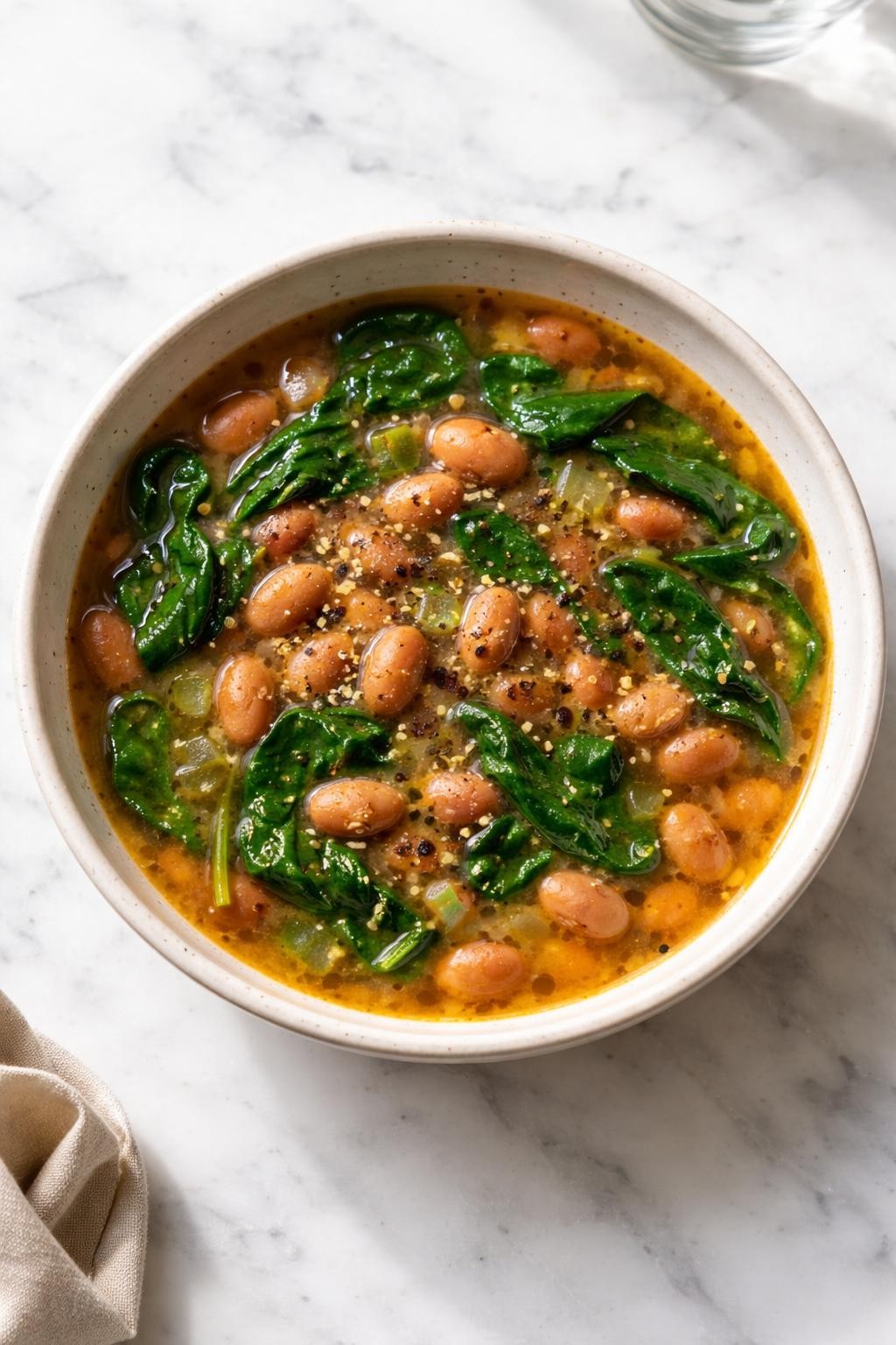Image Prompt: Realistic top-down editorial food photography of pinto bean soup with spinach in a neutral bowl on a clean white marble countertop, rich broth with pinto beans, wilted spinach, onions, and black pepper, cozy homemade style, bright natural window lighting, soft shadows, no people, no hands, no text, no watermarks, no props with writing.