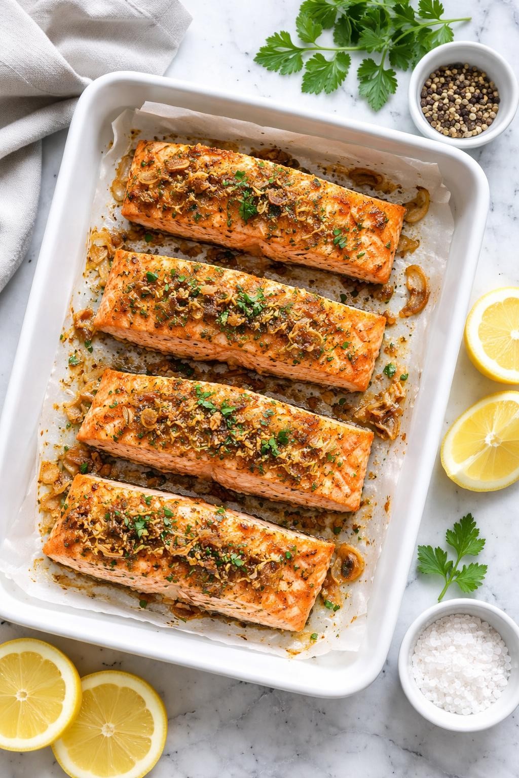 Image Prompt: Realistic top-down editorial food photography of baked onion soup mix salmon on a clean white and gray marble countertop, flaky roasted salmon fillets with a lightly seasoned onion herb crust and lemon slices nearby, bright fresh homemade dinner styling, soft natural daylight, clean composition, high detail, realistic texture, no people, no hands, no text, no watermarks, no props with writing.