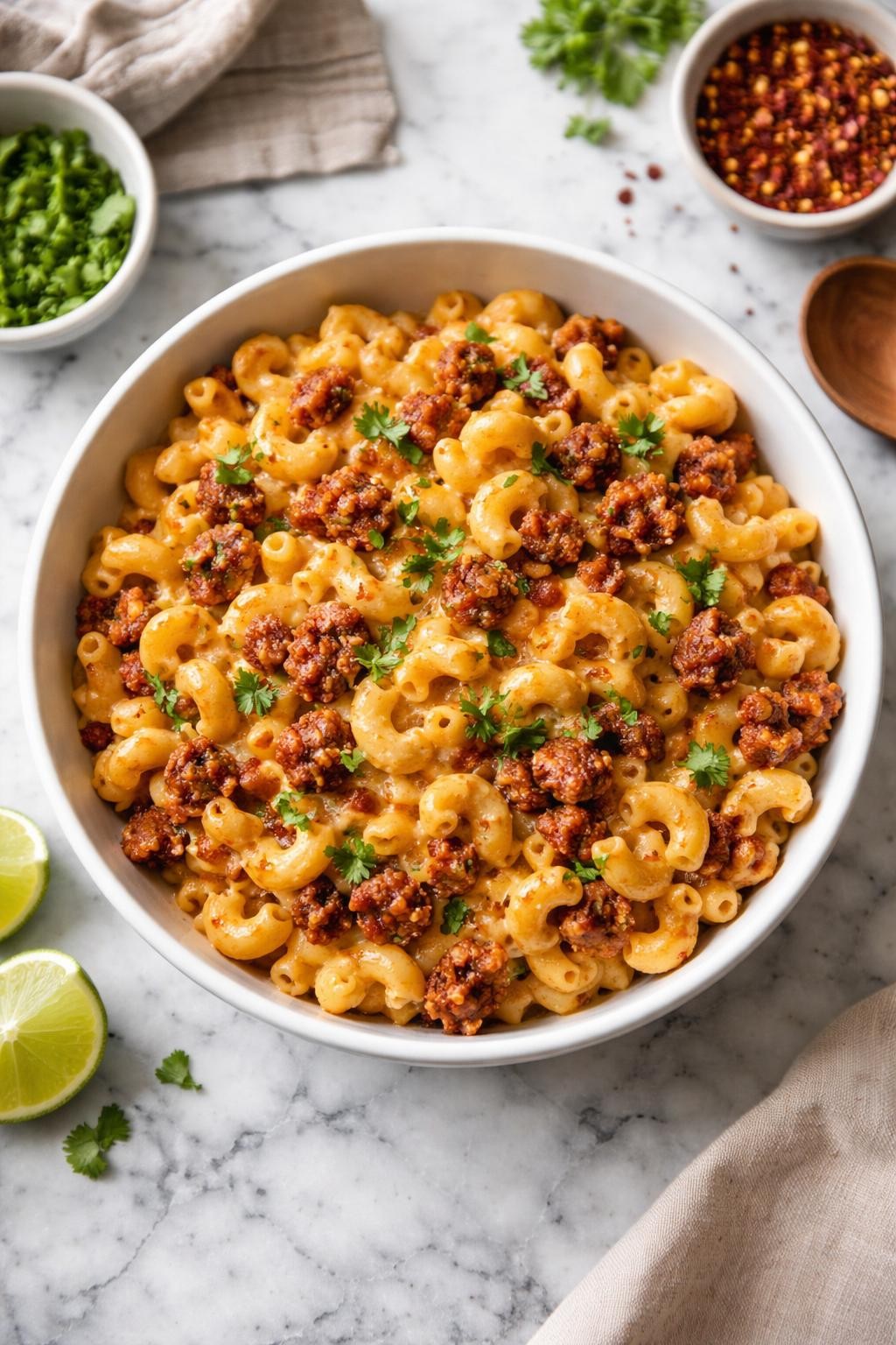Image Prompt: Realistic top-down editorial food photography of Mexican chorizo mac and cheese in a white bowl on a clean white and gray marble countertop, creamy macaroni and cheese mixed with browned chorizo and chopped cilantro, rich melted cheese texture visible, warm natural daylight, cozy homemade dinner mood, no people, no hands, no text, no watermarks, no props with writing.
