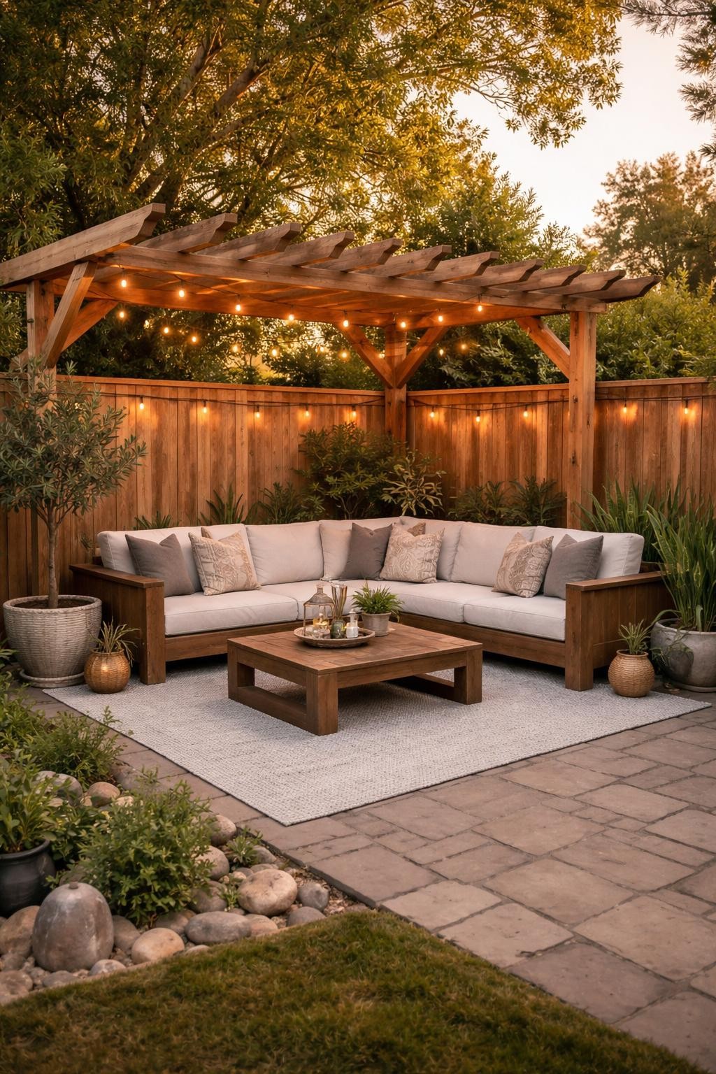 Image Prompt: A stunning backyard corner pergola patio with a wooden pergola built into the corner of the yard, cozy L-shaped outdoor sectional with cream cushions, low wood coffee table, warm string lights draped across the pergola beams, potted greenery, soft outdoor rug, fenced backyard setting, relaxed and polished design, golden hour light, no people, realistic DSLR photo, editorial home and garden style, high detail, no text, no watermarks on images.