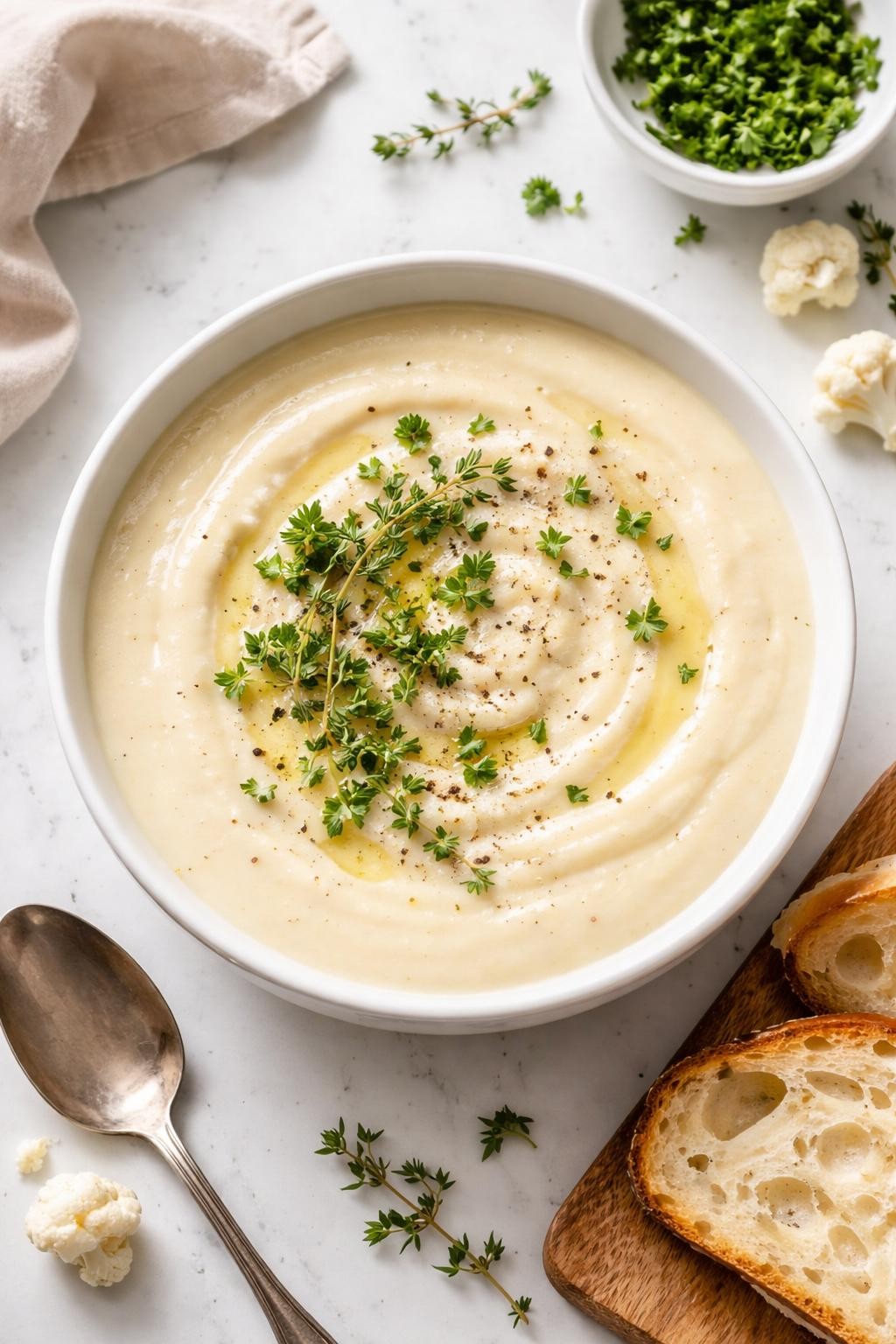 Image Prompt: Realistic top-down editorial food photography of creamy cauliflower herb soup in a white bowl on a clean marble countertop, silky pale cauliflower soup topped with chopped parsley, thyme leaves, and cracked black pepper, fresh homemade styling, bright natural window lighting, soft shadows, no people, no hands, no text, no watermarks, no props with writing.