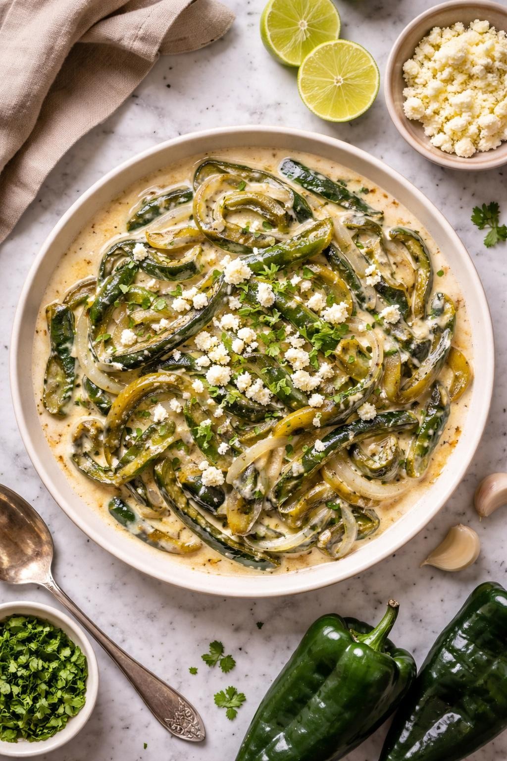 An overheard picture view of a plate of Rajas con Crema sitting on a marble countertop table in the kitchen, professional food photography style.