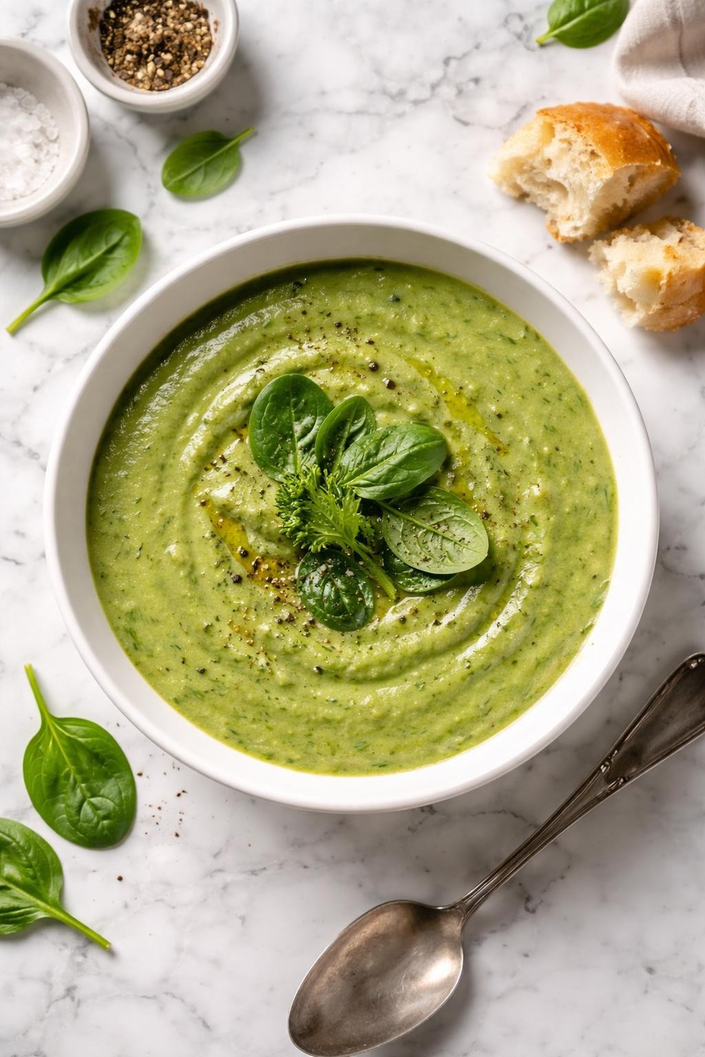 Image Prompt: Realistic top-down editorial food photography of broccoli spinach soup in a white ceramic bowl on a clean marble countertop, smooth deep green soup blended until creamy, topped with black pepper and a few spinach leaves, fresh homemade styling, bright natural daylight, soft shadows, no people, no hands, no text, no watermarks, no props with writing.