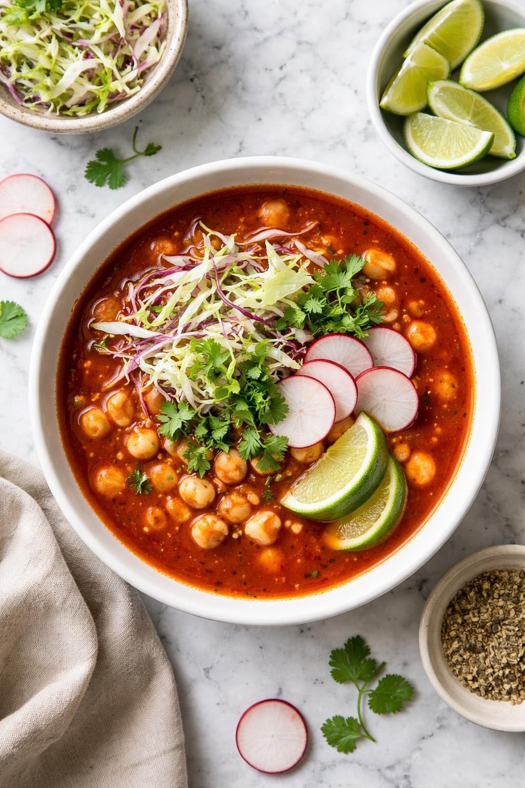 Image Prompt: Realistic top-down editorial food photography of vegan pozole rojo in a white ceramic bowl on a clean white and gray marble countertop, rich red broth with hominy, shredded cabbage, radish slices, and lime wedges, cozy homemade Mexican soup styling, bright natural light, no people, no hands, no text, no watermarks, no props with writing.