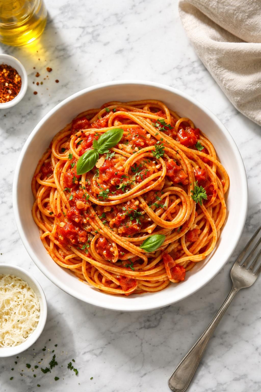 Image Prompt: Realistic top-down editorial food photography of a bowl of vegan spaghetti marinara on a clean white and gray marble countertop, long spaghetti coated in rich tomato sauce with visible garlic and basil, light sprinkle of chopped parsley, simple white bowl, cozy homemade Italian dinner mood, bright natural window lighting, soft shadows, clean composition, high detail, realistic food texture, no people, no hands, no text, no watermarks, no props with writing.
