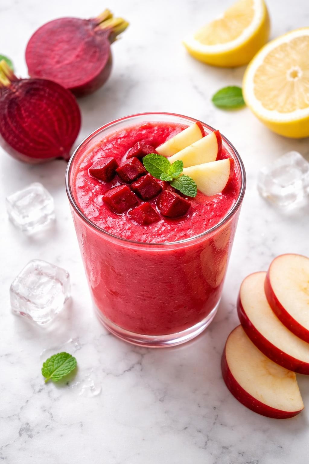 Realistic top-down food photography of a beet apple smoothie served in a clear glass on a clean white marble countertop. The smoothie is bright red-pink, smooth, cold, and fresh-looking, styled with cooked beet cubes, apple slices, lemon wedges, and a few ice cubes nearby. Soft natural window lighting, clean refreshing smoothie styling, high detail, realistic drink texture, no people, no hands, no text, no watermarks, no props with writing.