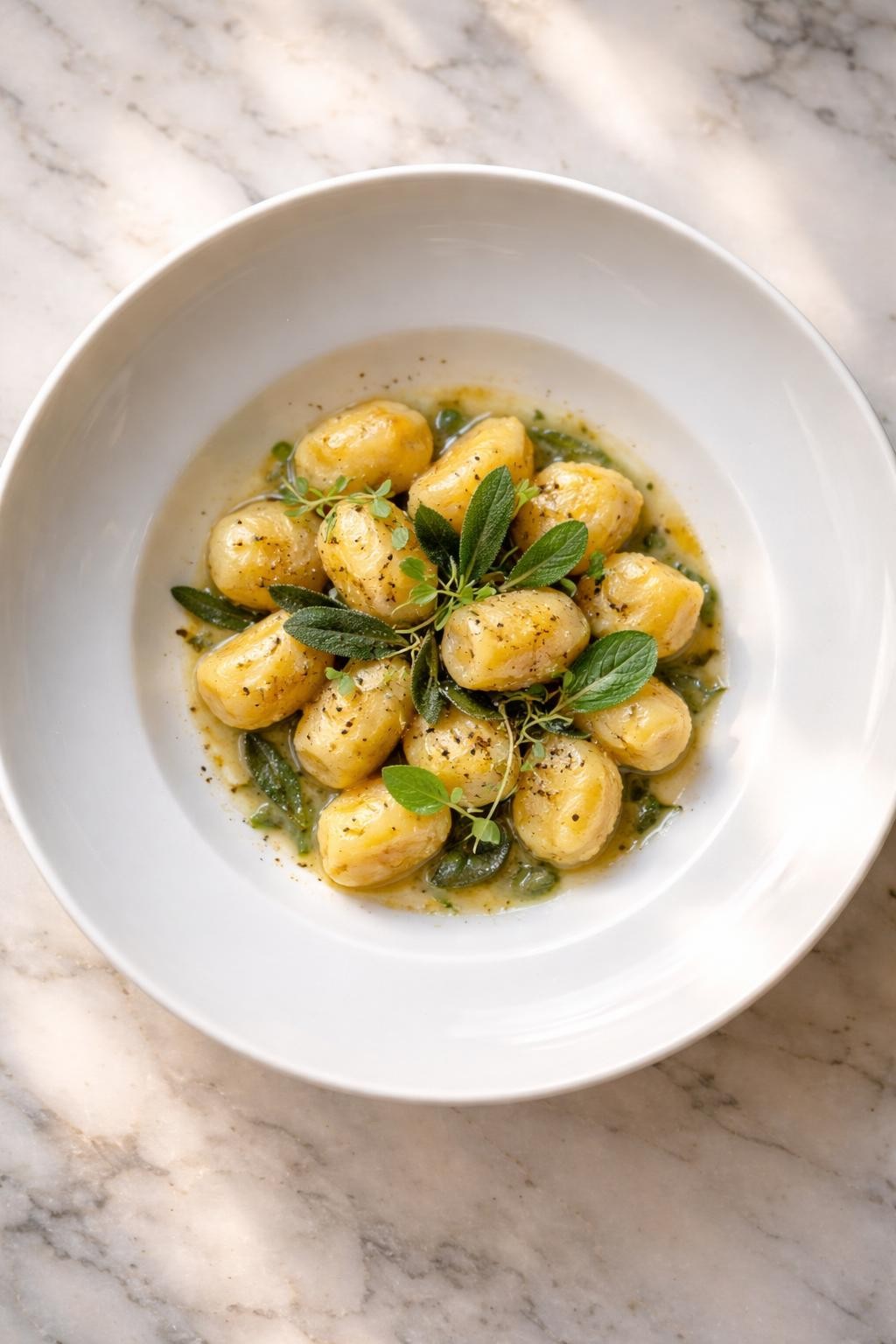 Image Prompt: Top-down realistic editorial food photography of elegant vegan potato gnocchi in a white fine dining bowl on a clean marble countertop, soft golden gnocchi with sage butter glaze and delicate herb garnish, refined restaurant plating, warm natural daylight, upscale pasta dinner mood, no people, no hands, no text, no watermarks, no props with writing.