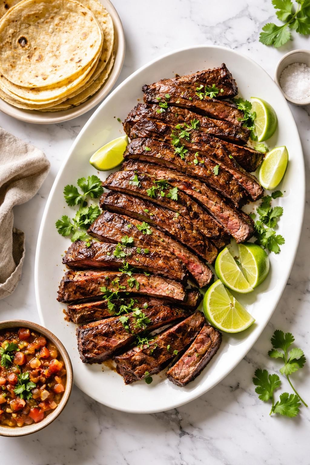 Image Prompt: Realistic top-down editorial food photography of homemade carne asada sliced on a white marble countertop, juicy grilled steak with charred edges and a rich brown crust, topped with chopped cilantro and served with lime wedges, warm tortillas, and a small bowl of salsa on the side, bright natural daylight, soft shadows, clean homemade dinner styling, high detail, realistic food texture, no people, no hands, no text, no watermarks, no props with writing.